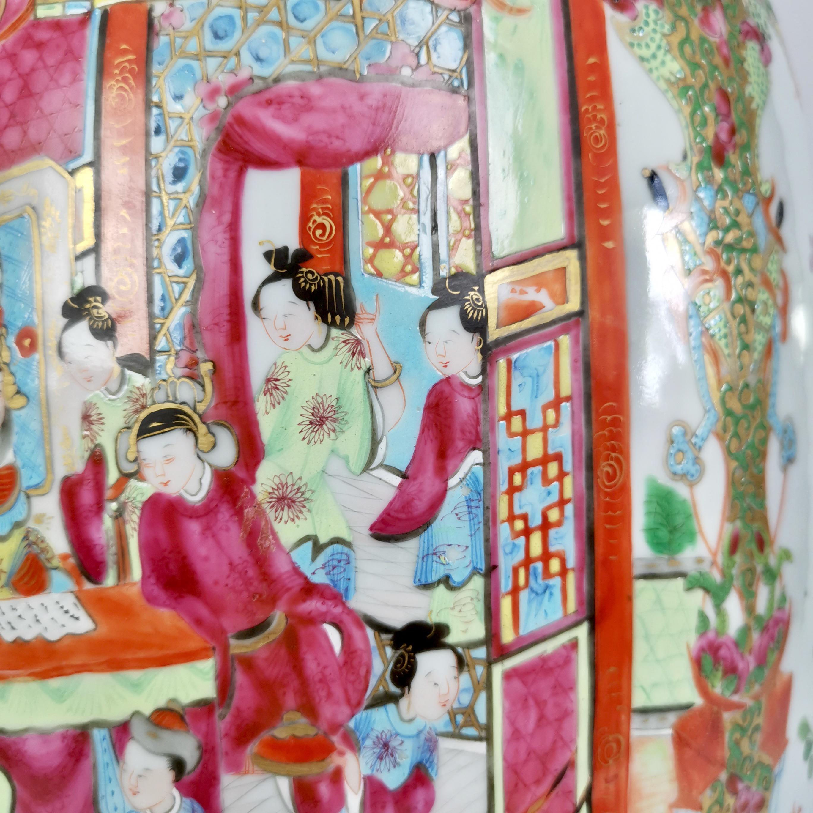 Huge Chinese Canton Porcelain Lamp Base, Family Scenes, Birds, Flowers, 1830-60 3