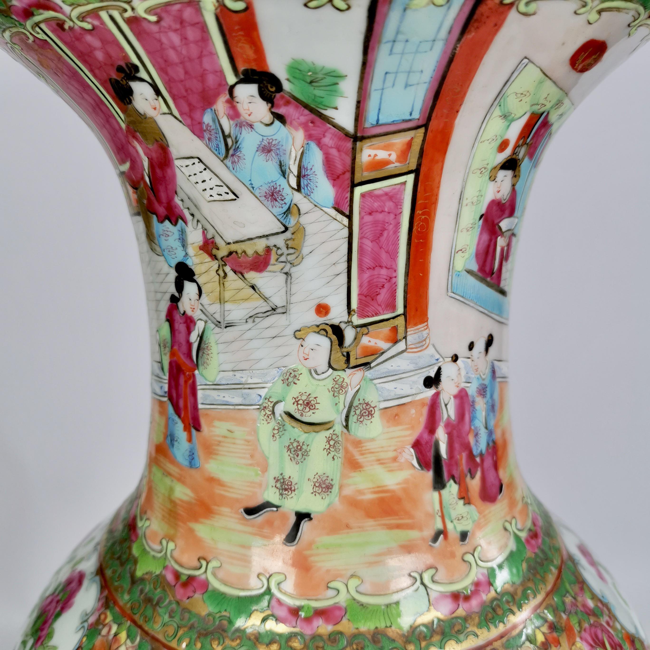 Huge Chinese Canton Porcelain Lamp Base, Family Scenes, Birds, Flowers, 1830-60 2