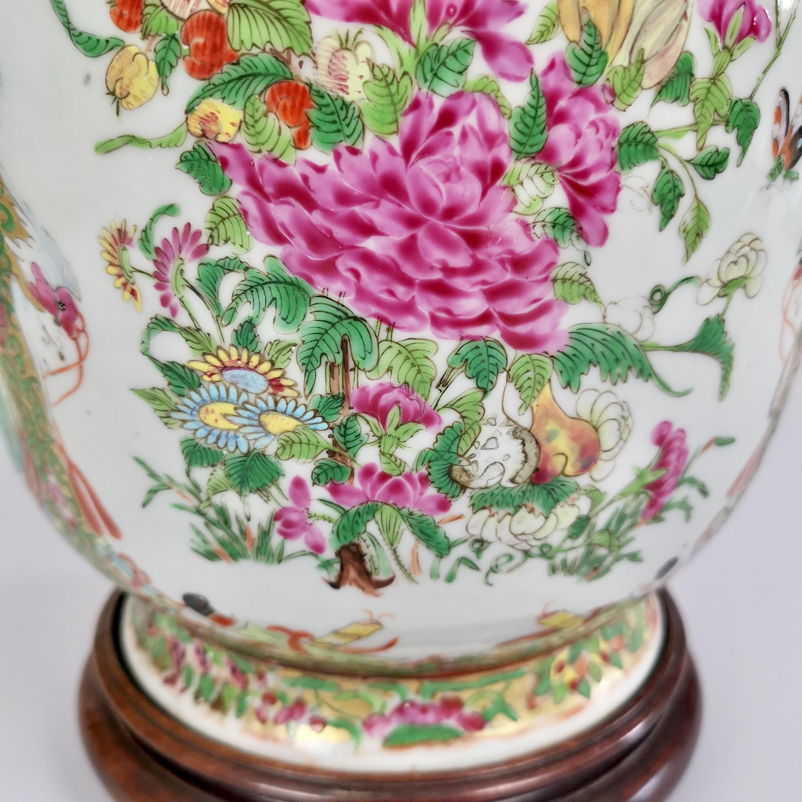 Huge Chinese Canton Porcelain Lamp Base, Family Scenes, Birds, Flowers, 1830-60 6