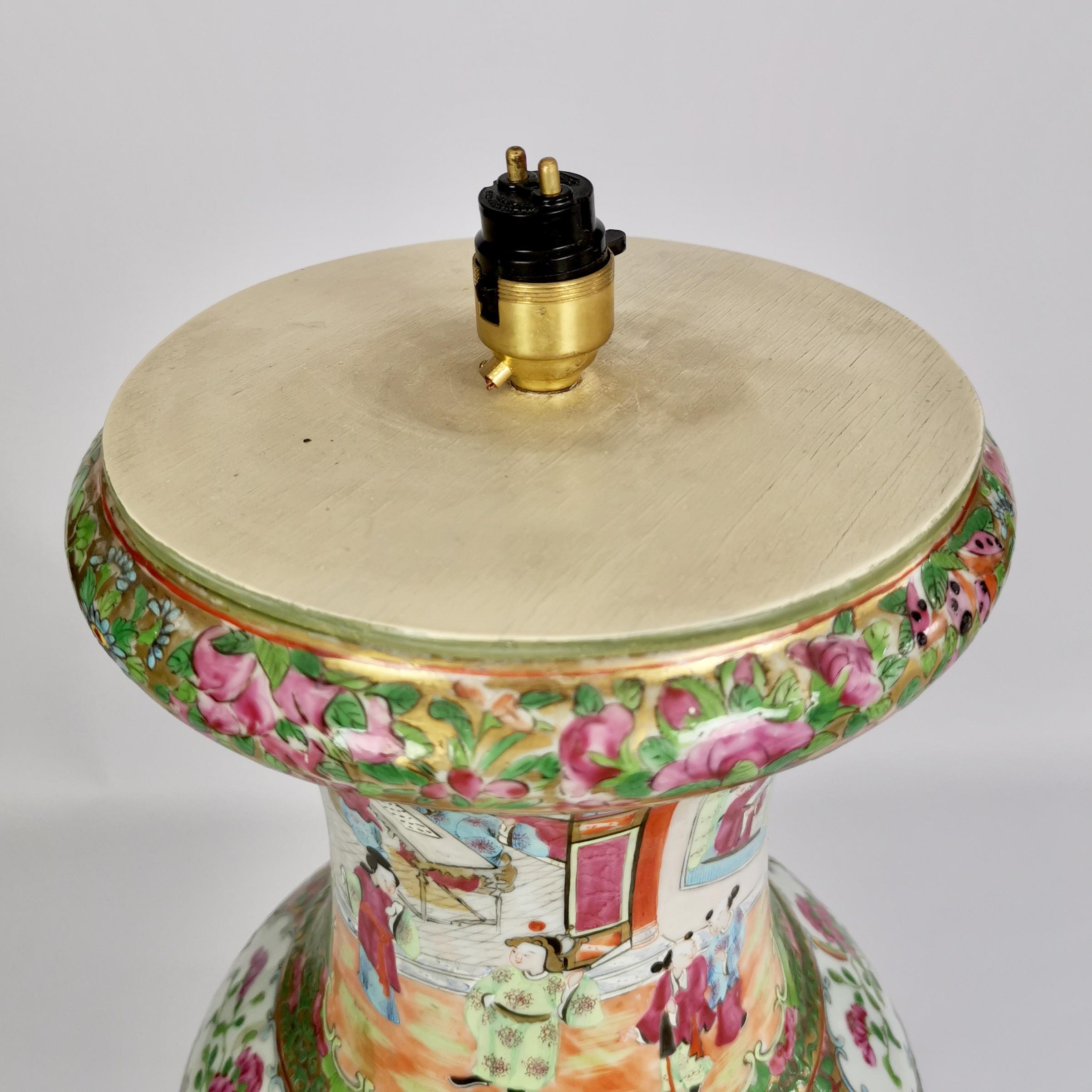 Huge Chinese Canton Porcelain Lamp Base, Family Scenes, Birds, Flowers, 1830-60 11