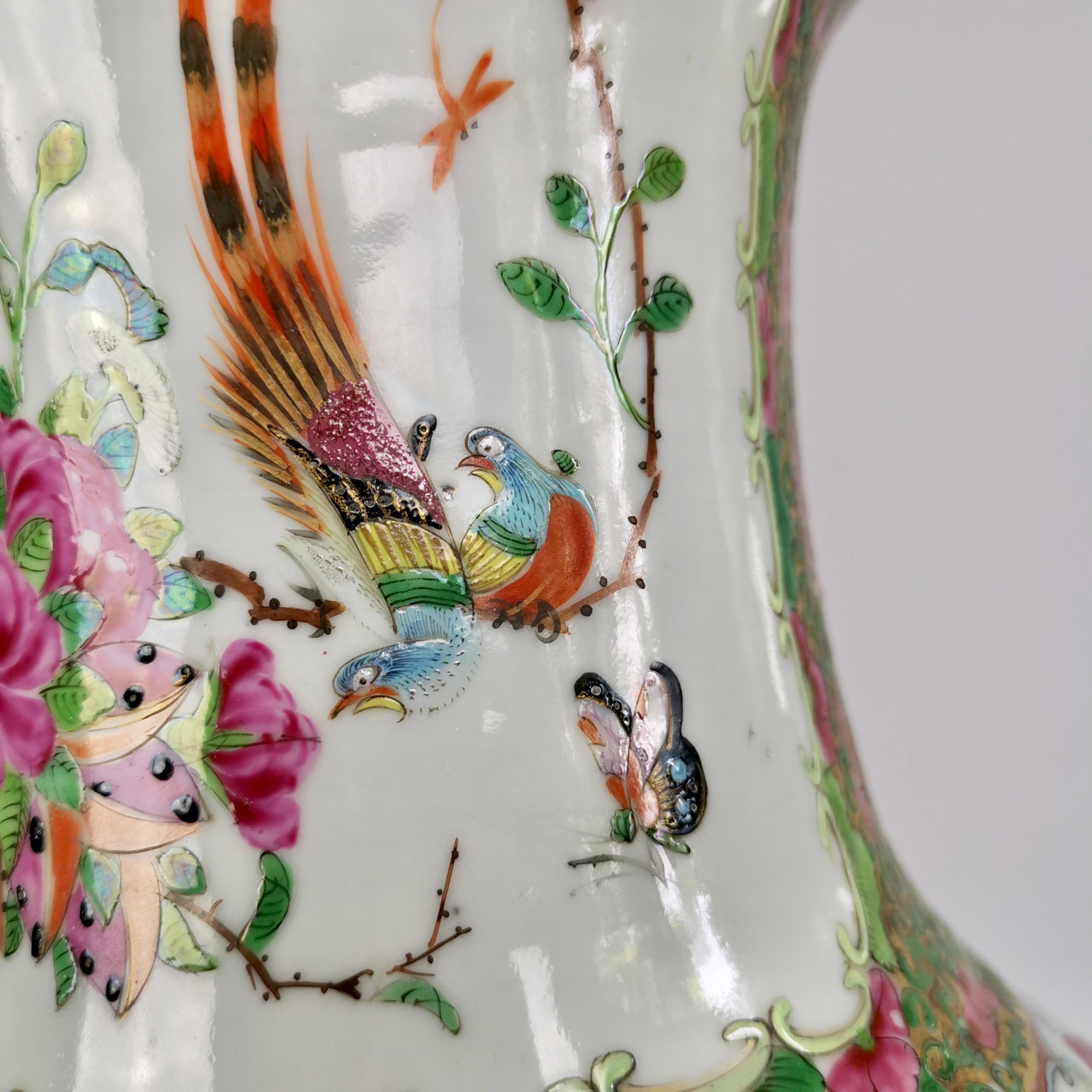 Huge Chinese Canton Porcelain Lamp Base, Family Scenes, Birds, Flowers, 1830-60 8