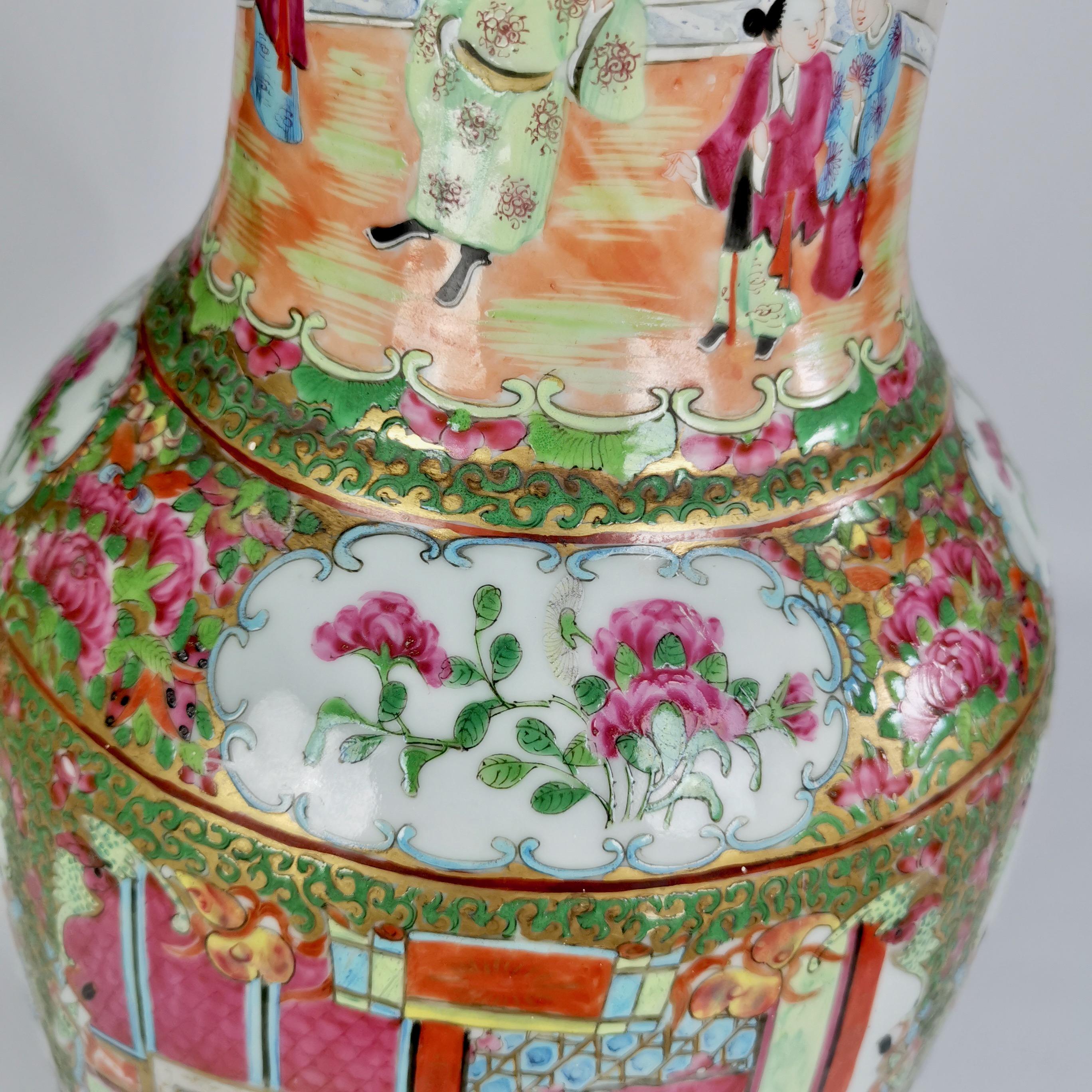 Huge Chinese Canton Porcelain Lamp Base, Family Scenes, Birds, Flowers, 1830-60 10