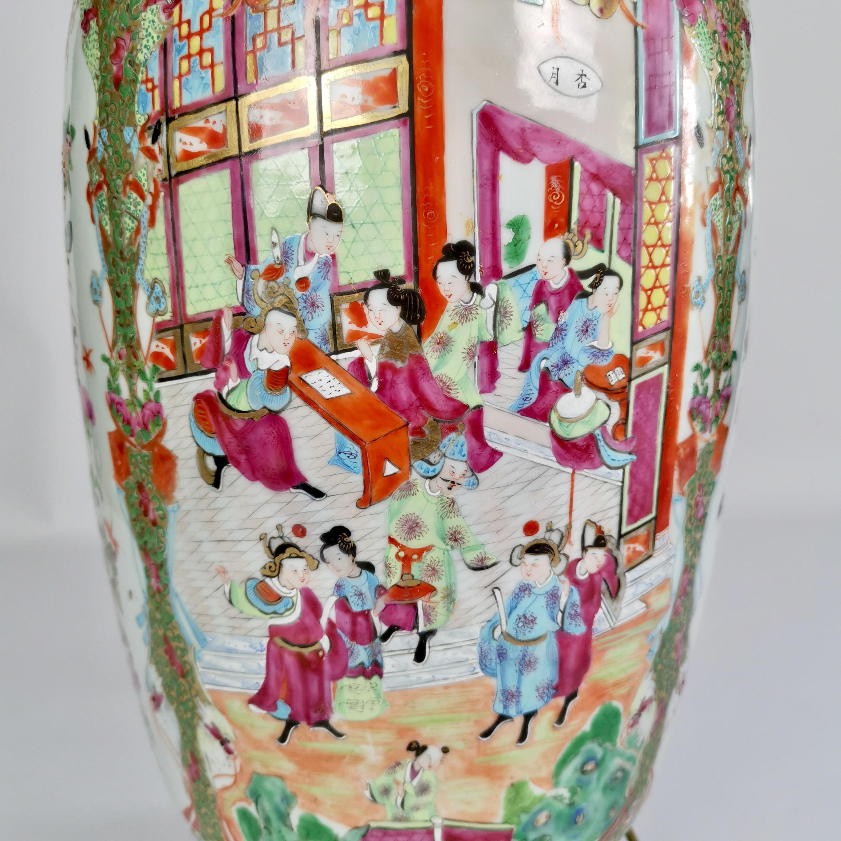 Chinese Export Huge Chinese Canton Porcelain Lamp Base, Family Scenes, Birds, Flowers, 1830-60
