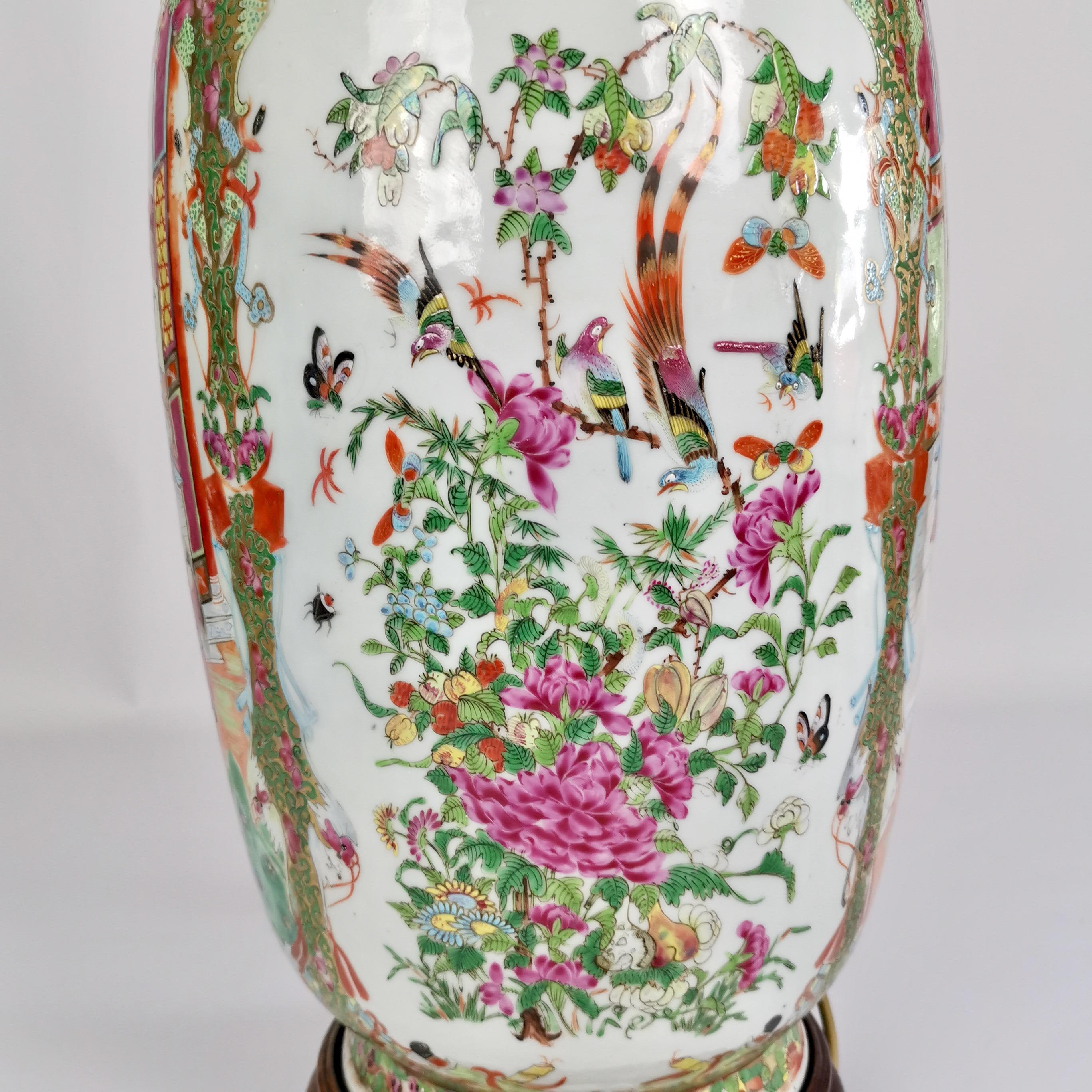Hand-Painted Huge Chinese Canton Porcelain Lamp Base, Family Scenes, Birds, Flowers, 1830-60