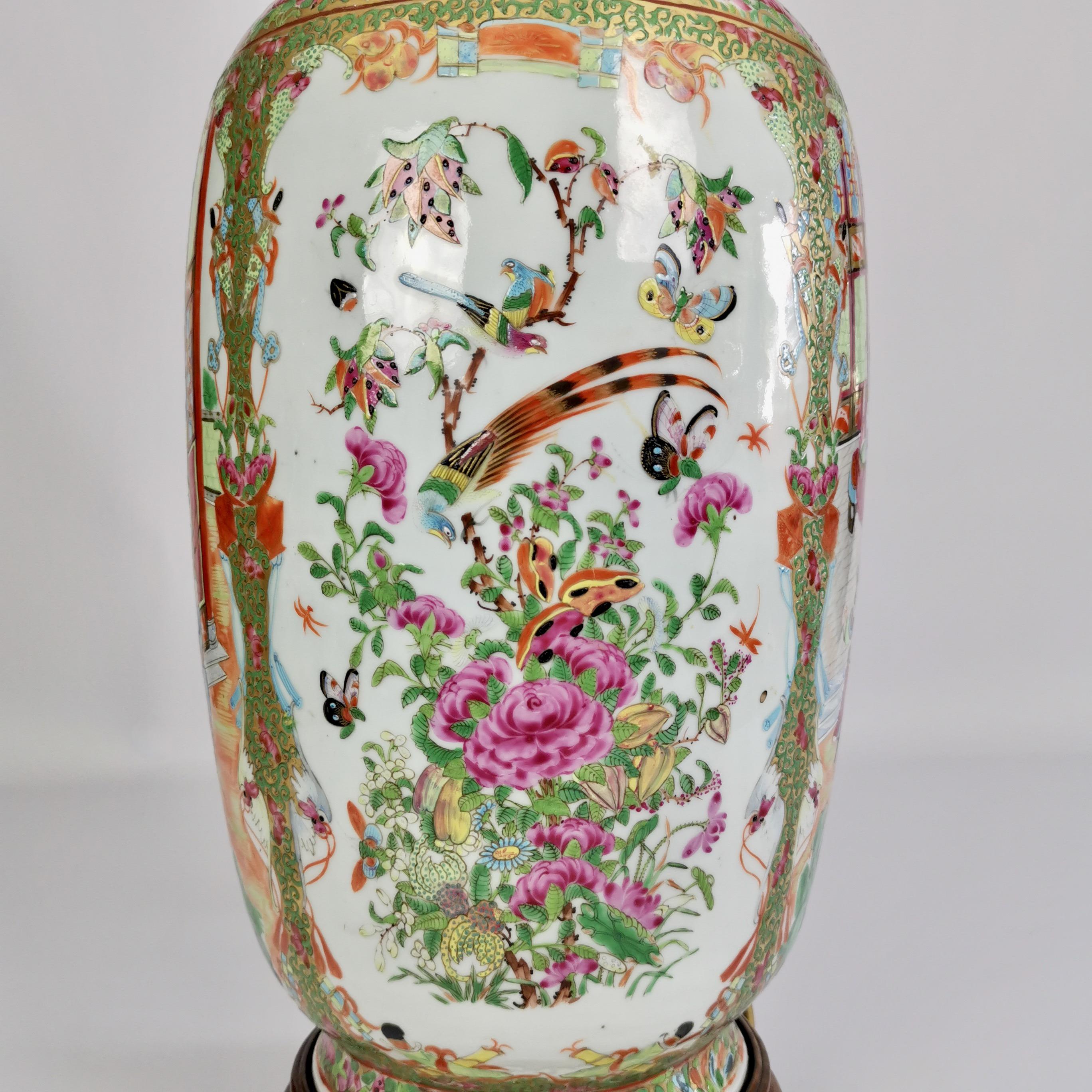 Huge Chinese Canton Porcelain Lamp Base, Family Scenes, Birds, Flowers, 1830-60 In Good Condition In London, GB