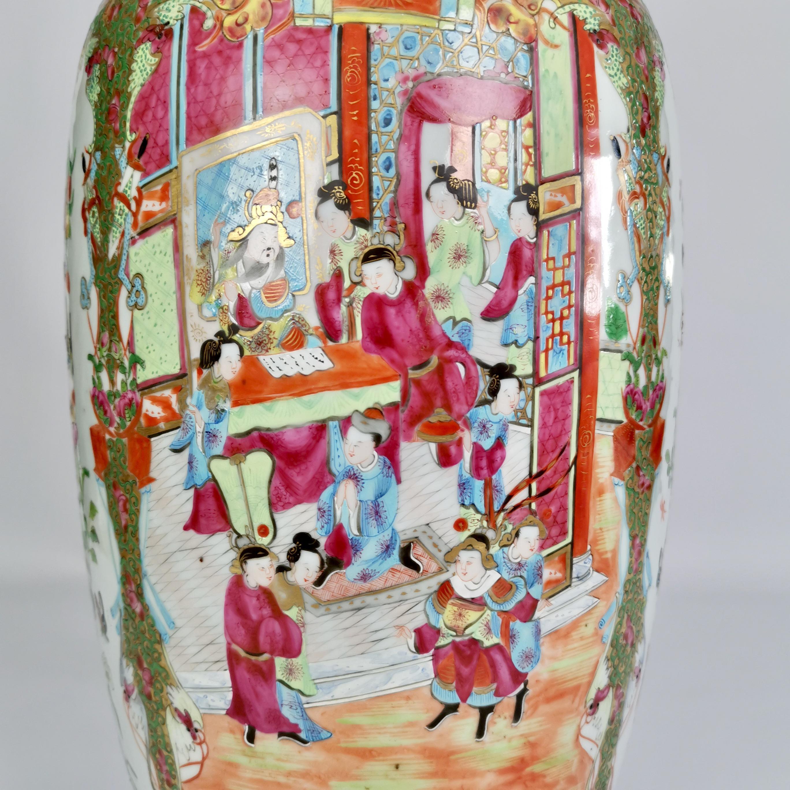 19th Century Huge Chinese Canton Porcelain Lamp Base, Family Scenes, Birds, Flowers, 1830-60