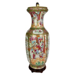 Huge Chinese Canton Porcelain Lamp Base, Family Scenes, Birds, Flowers, 1830-60