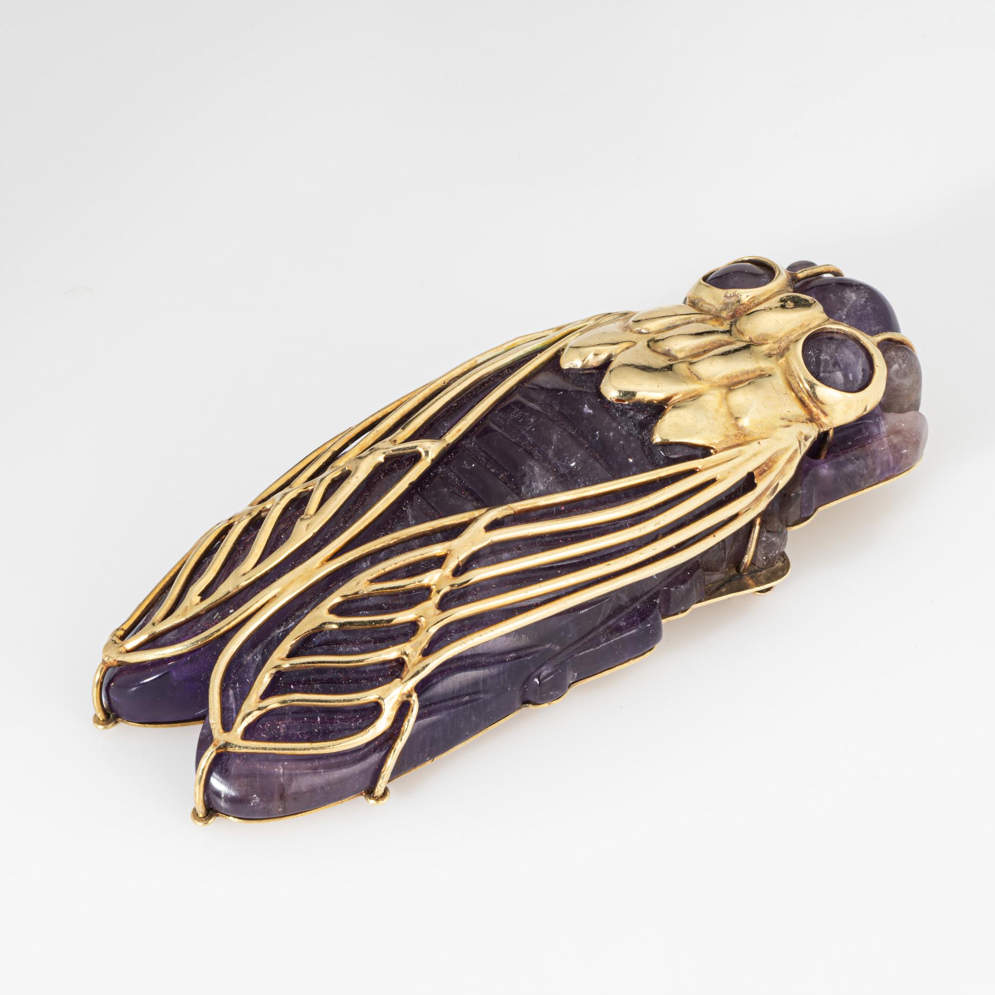 Modern Huge Cicada Pendant Vintage 60s Carved Amethyst 14k Yellow Gold Statement For Sale