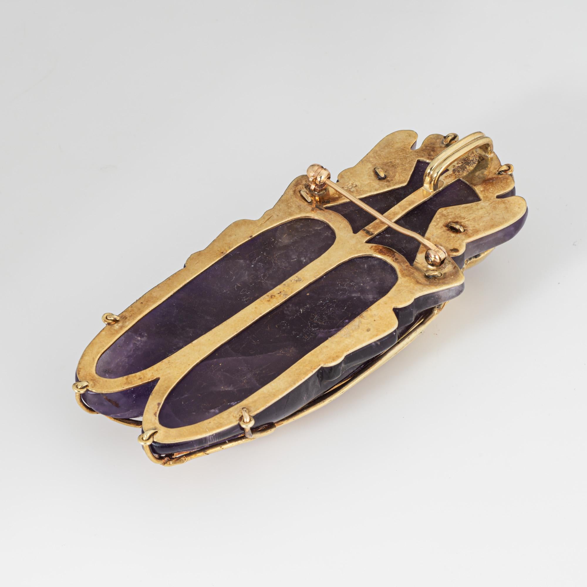Cabochon Huge Cicada Pendant Vintage 60s Carved Amethyst 14k Yellow Gold Statement For Sale