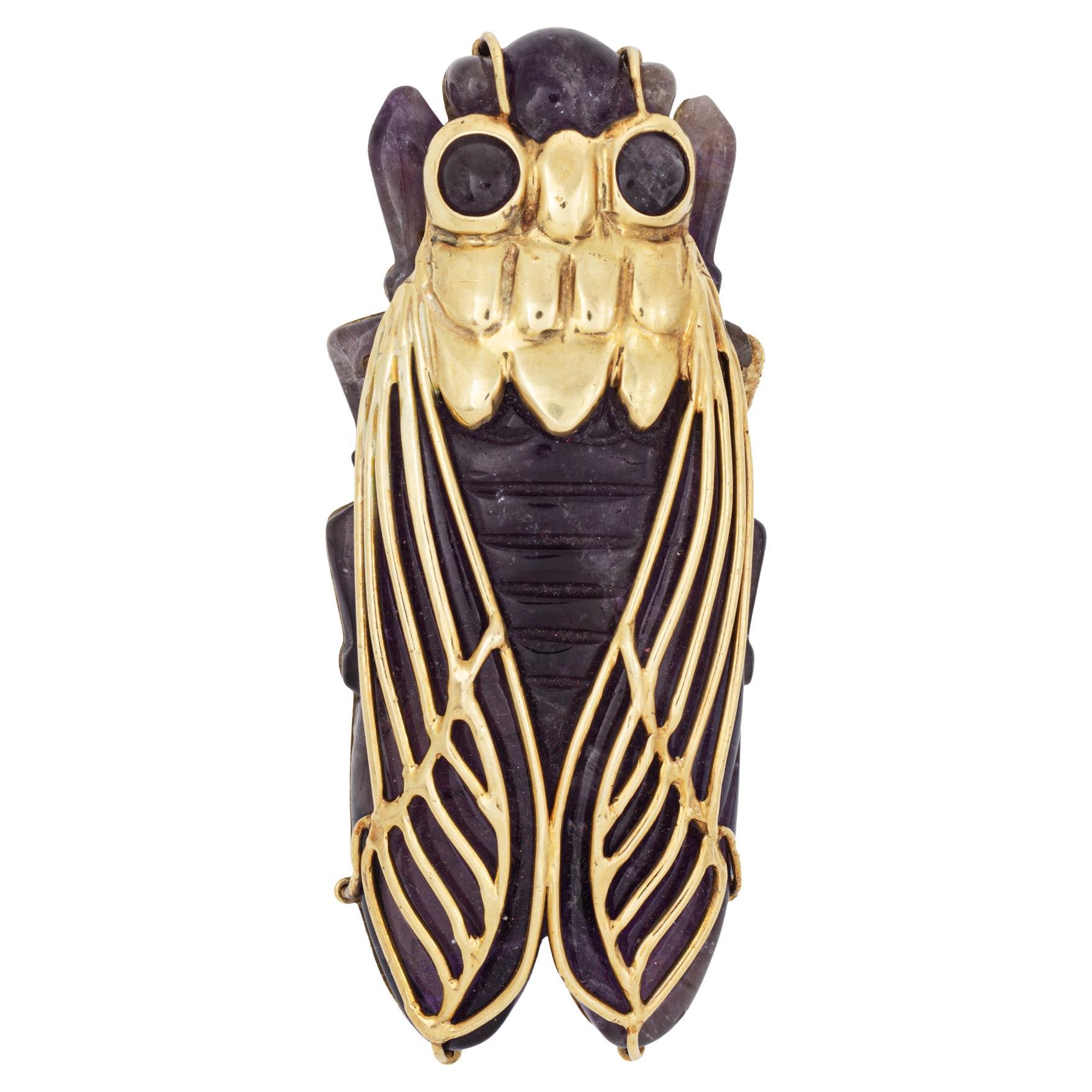 Huge Cicada Pendant Vintage 60s Carved Amethyst 14k Yellow Gold Statement
