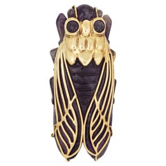 Huge Cicada Pendant Vintage 60s Carved Amethyst 14k Yellow Gold Statement