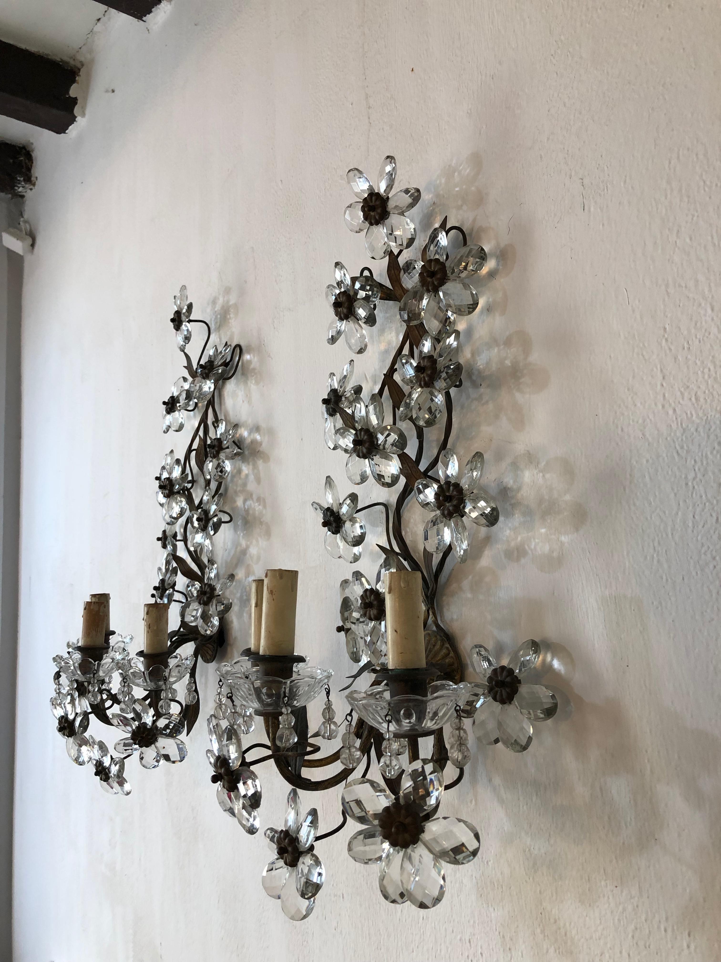 French Huge Clear Flower Maison Baguès Style Three-Light Sconces