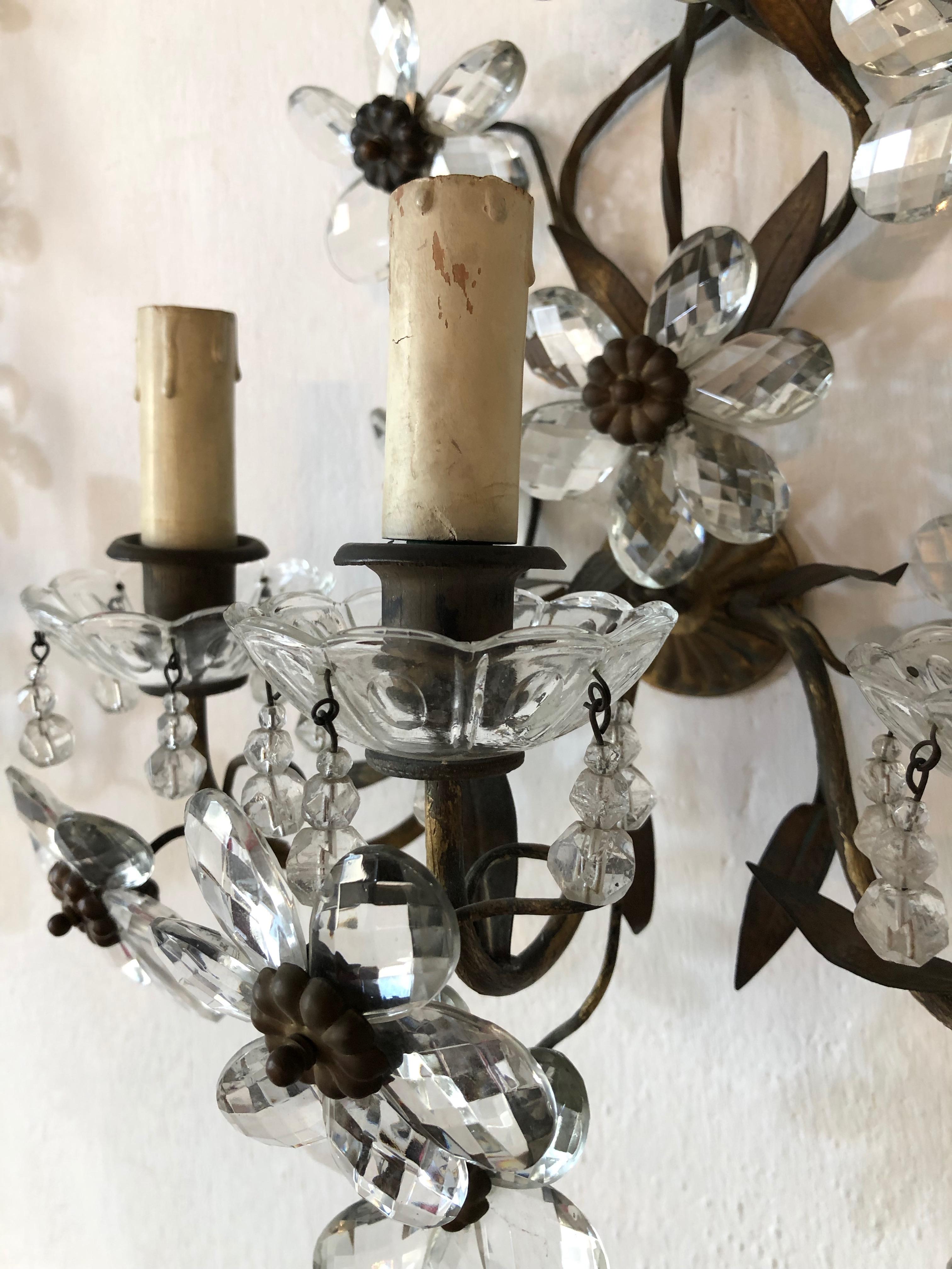 Early 20th Century Huge Clear Flower Maison Baguès Style Three-Light Sconces