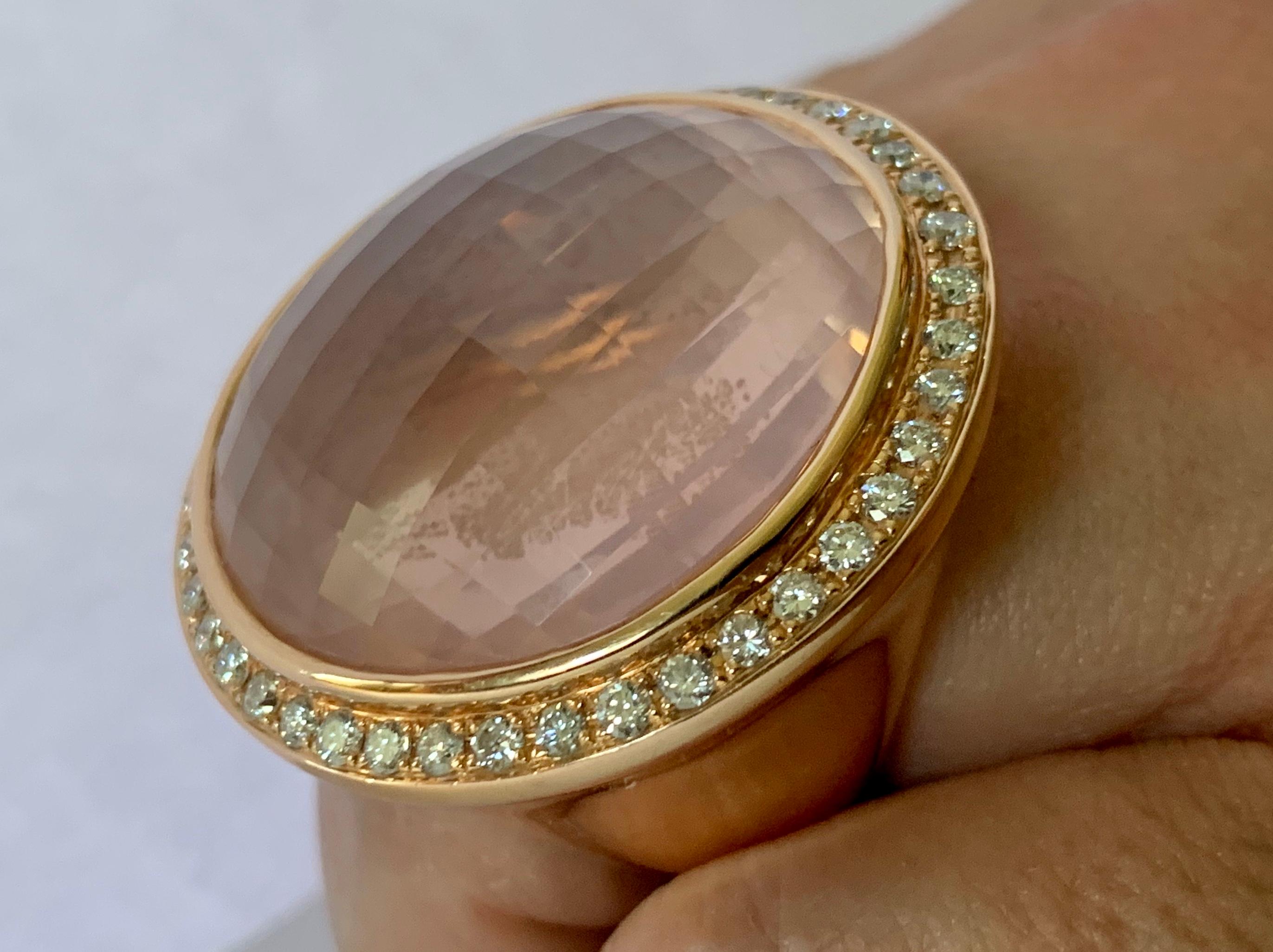 Round Cut Huge Cocktail Ring 18 Karat Rose Gold with Rose Quartz and Diamonds For Sale