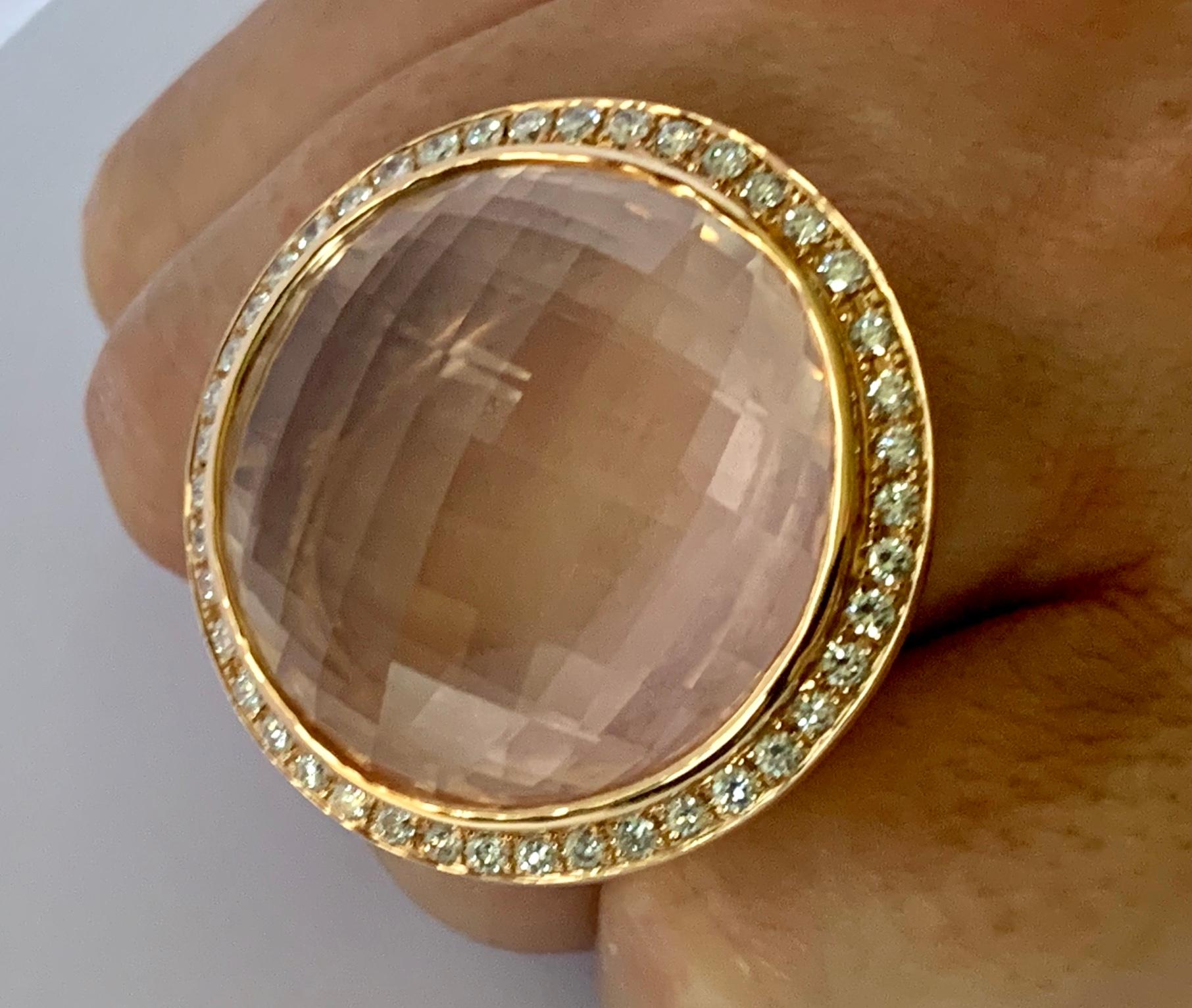 Women's or Men's Huge Cocktail Ring 18 Karat Rose Gold with Rose Quartz and Diamonds For Sale