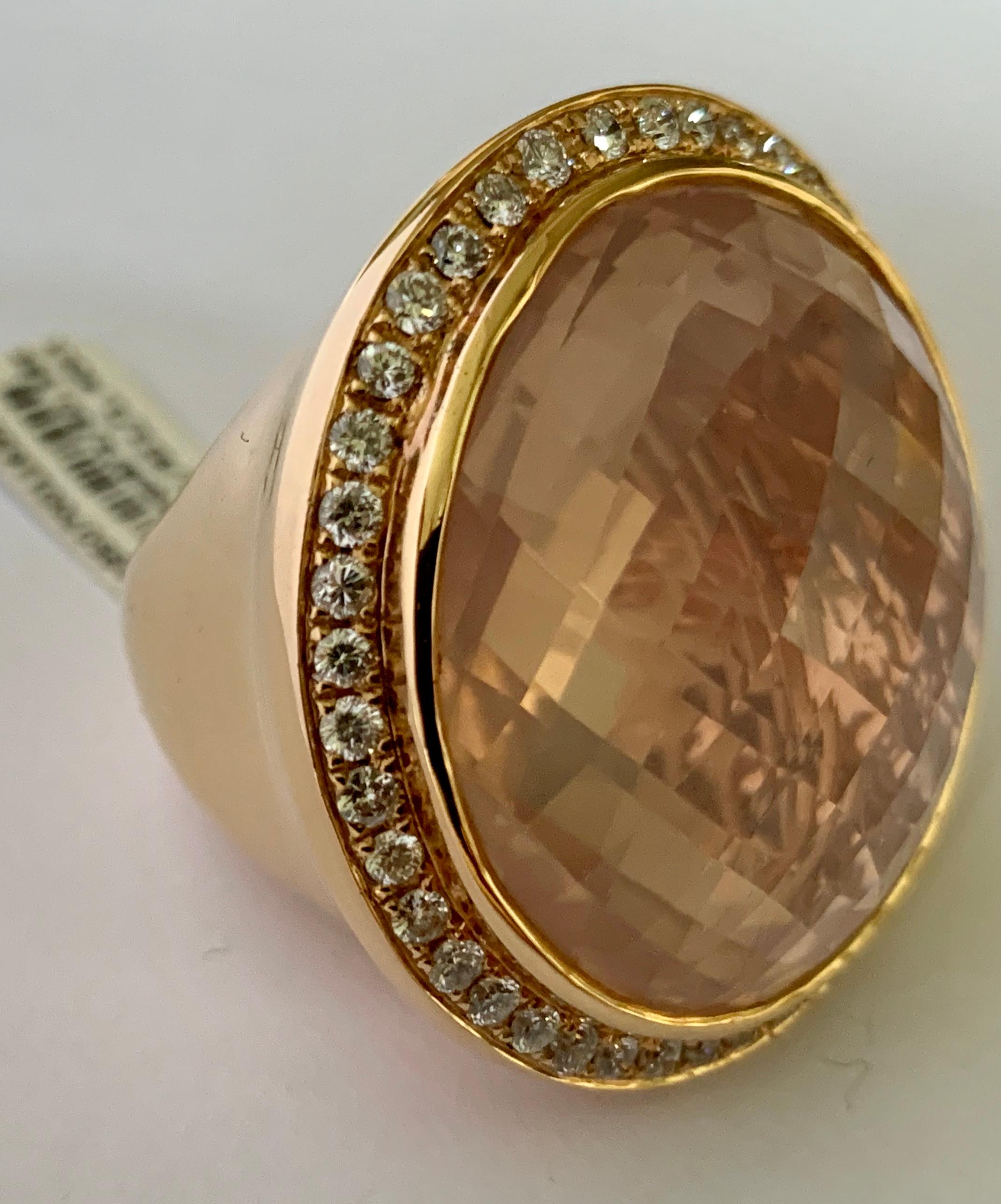 Huge Cocktail Ring 18 Karat Rose Gold with Rose Quartz and Diamonds For Sale 1