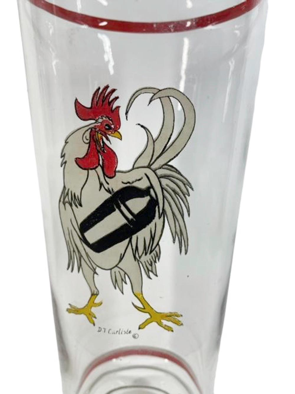 Clear glass Art Deco cocktail shaker with chrome lid. The glass molded with rings at the shoulder and foot and hand painted with red bands, the center painted with a large white rooster shaking a cocktail shaker and with the name D. T Carlisle.