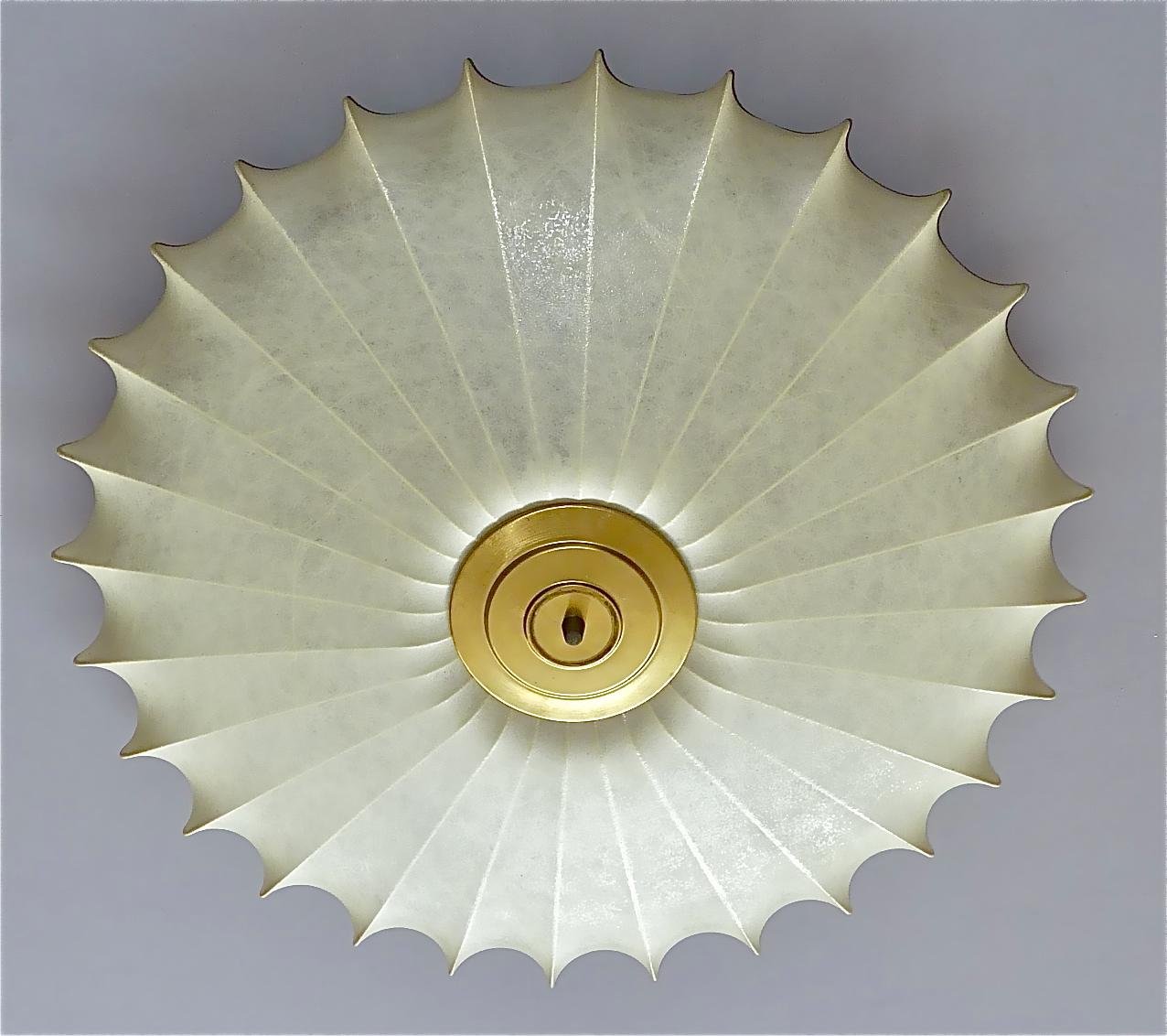 Mid-Century Modern Huge Cocoon Flush Mount Chandelier Italian Ceiling Lamp Light Brass, 1950s