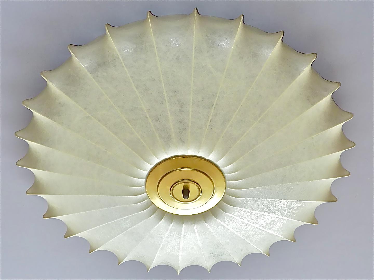 Patinated Huge Cocoon Flush Mount Chandelier Italian Ceiling Lamp Light Brass, 1950s