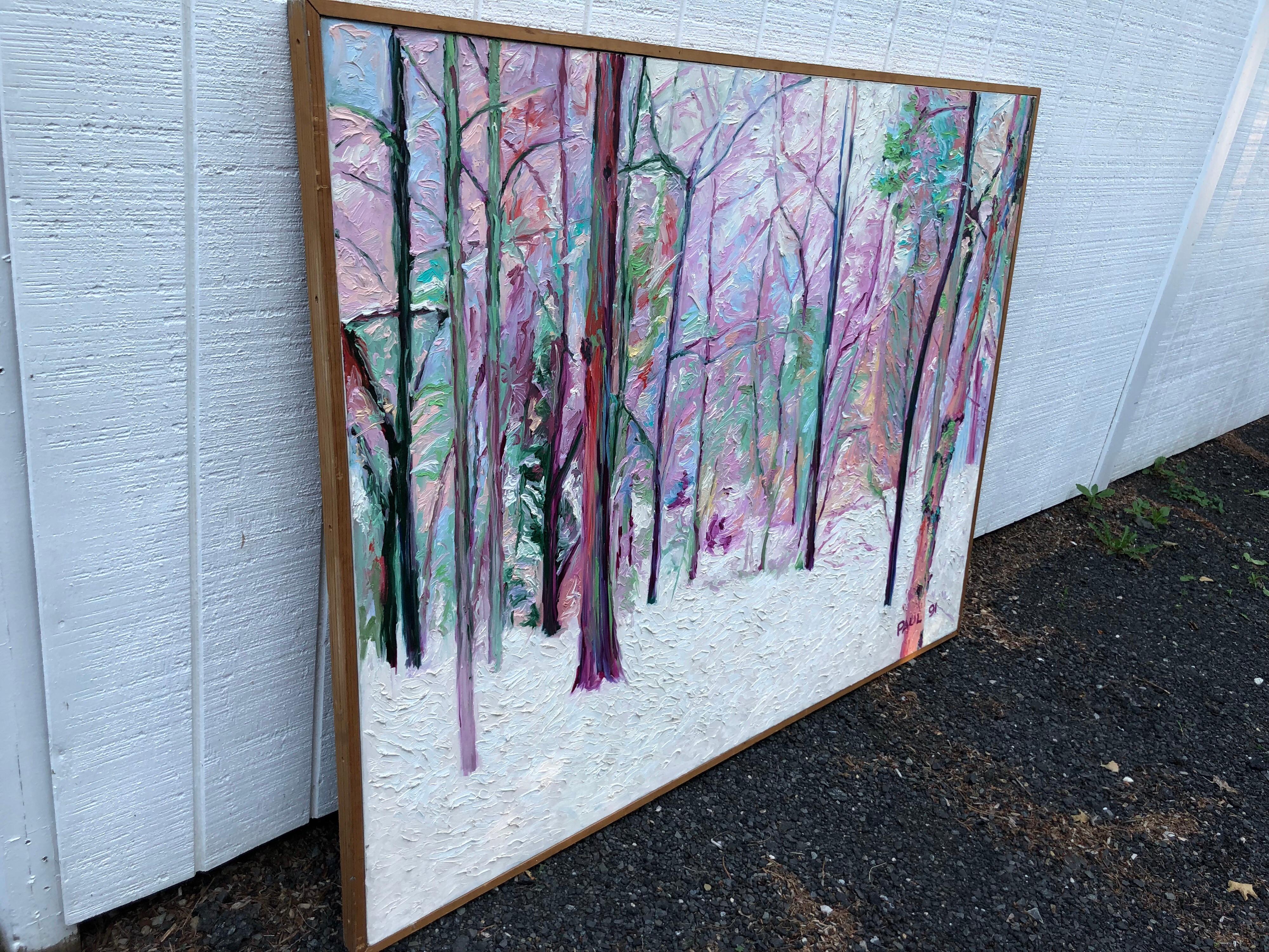 Monumental  5' x 6' Colorful Modern Impasto Painting of Winter Scene In Good Condition For Sale In Redding, CT