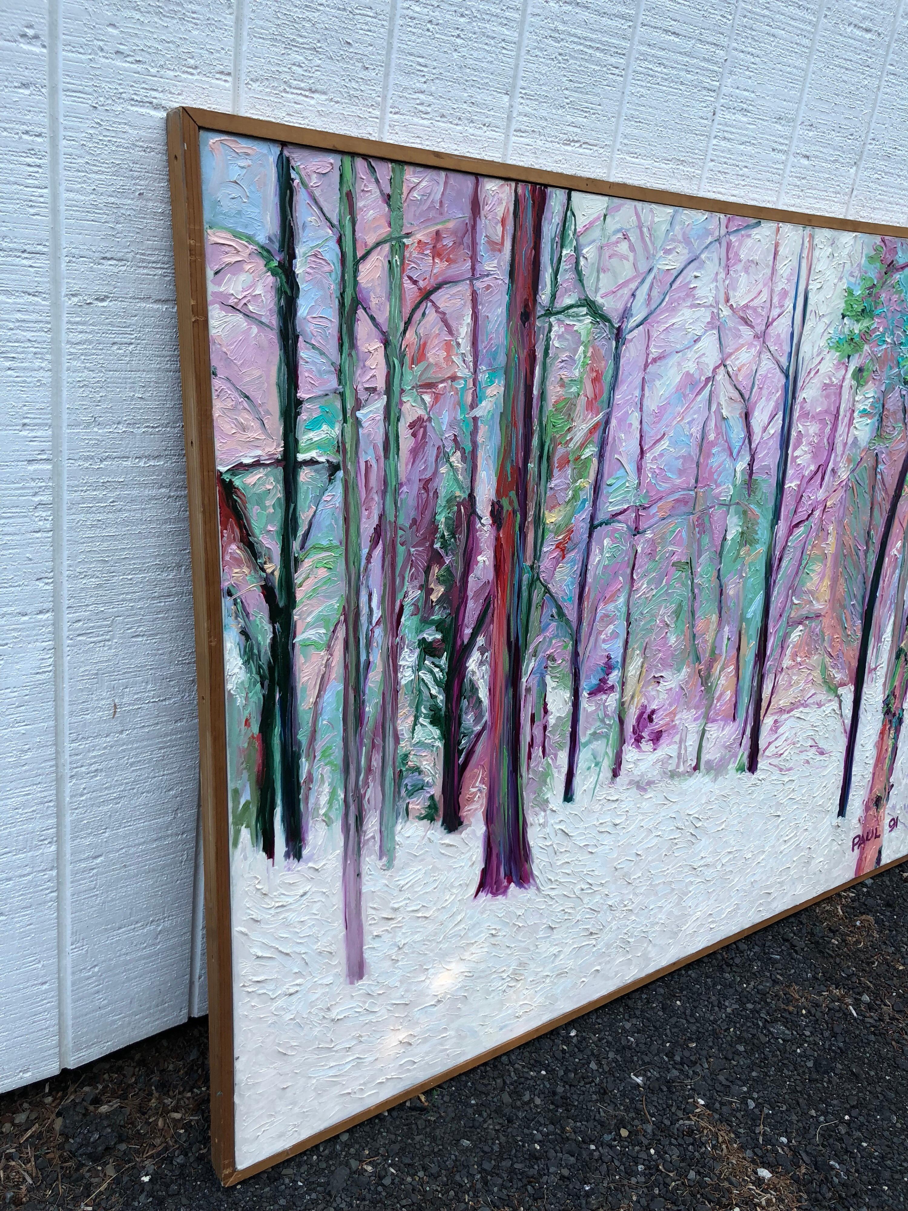 Monumental  Peinture moderne colorée d'une scène d'hiver en empâtement de 5' x 6' Bon état - En vente à Redding, CT