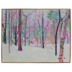 Monumental 5' x 6' Colorful Modern Impasto Painting of Winter Scene