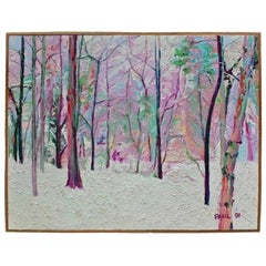 Retro Monumental  5' x 6' Colorful Modern Impasto Painting of Winter Scene