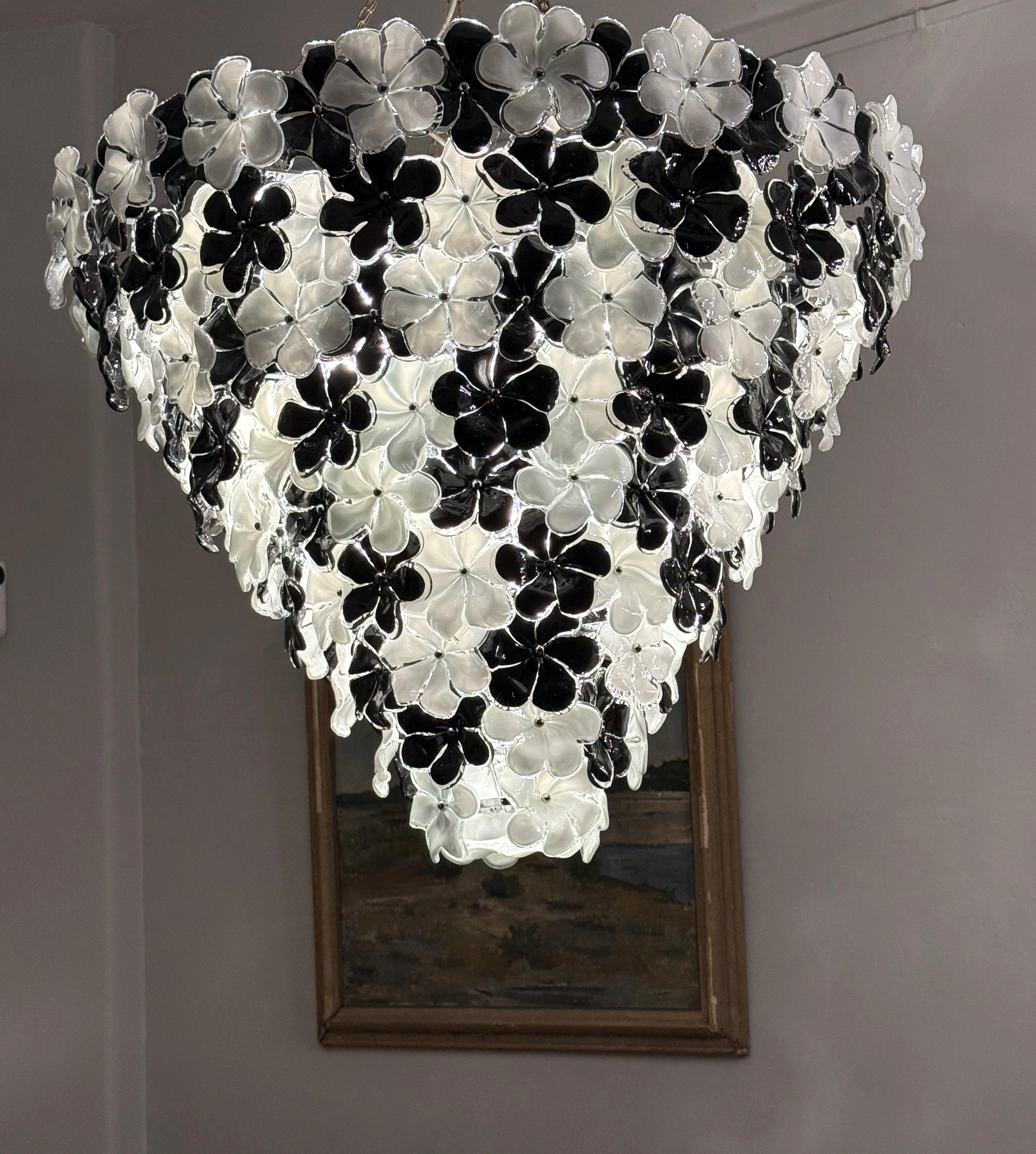 Modern Huge Contemporary Black and White Flower Murano Glass Chandelier
