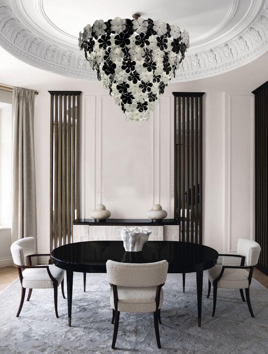 Huge Contemporary Black and White Flower Murano Glass Chandelier 1