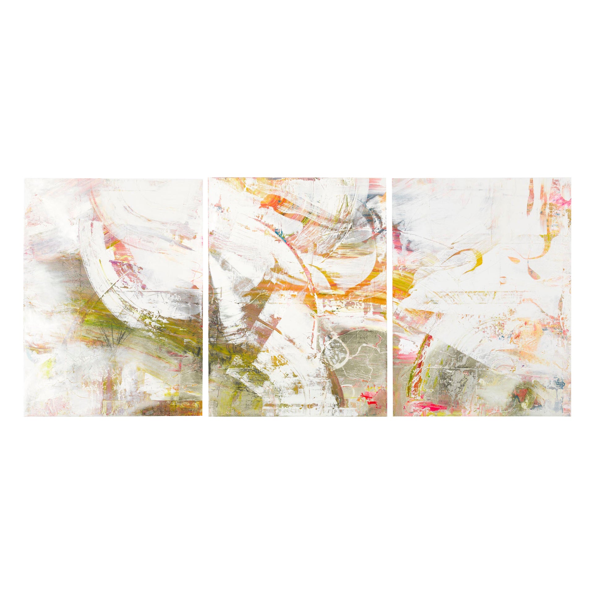 Enorme trittico impressionistico contemporaneo con lampi di colore su fondo lattiginoso