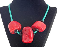 AJD Dramatic Impressive Statement Coral Chunk and Turquoise Necklace