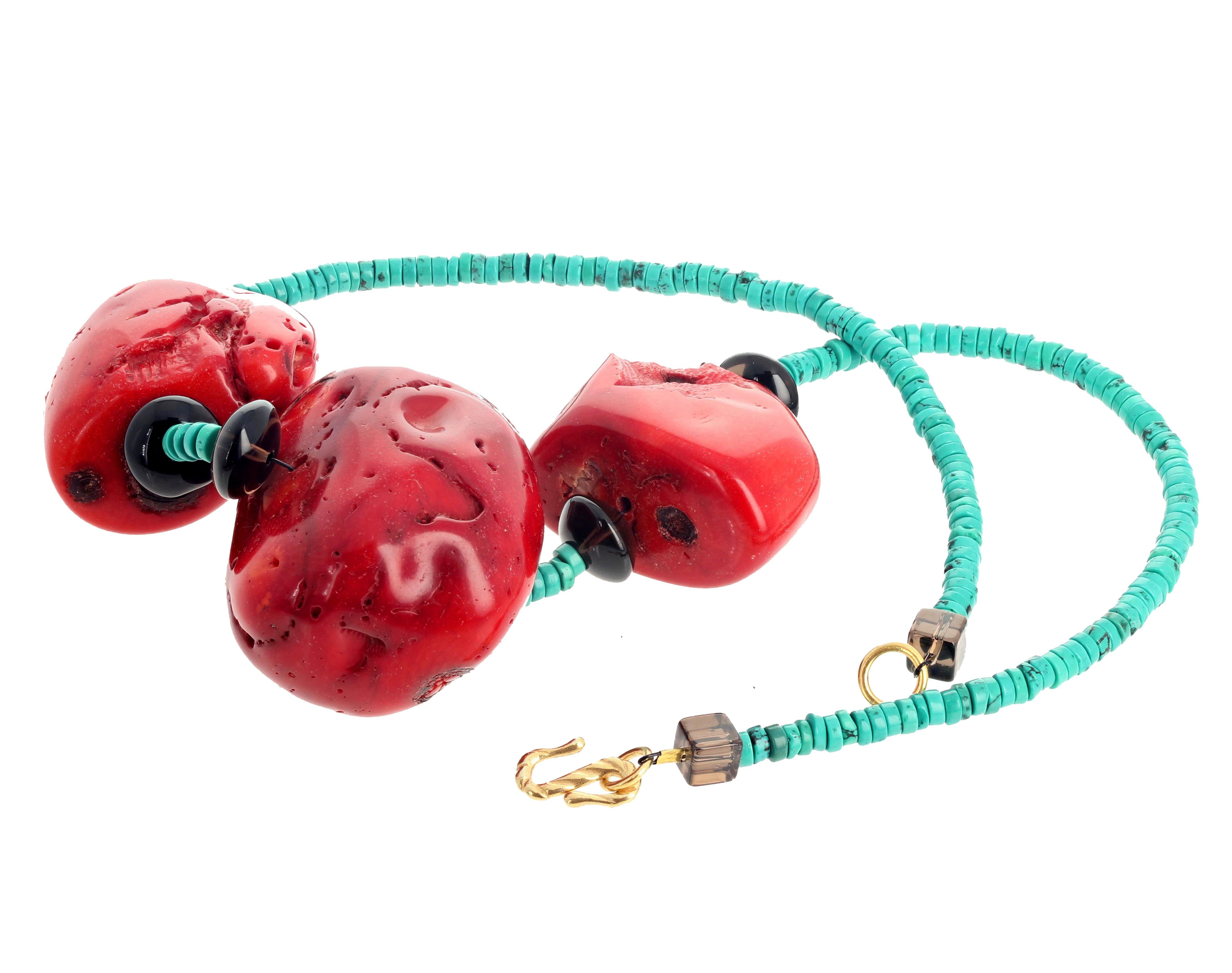 AJD Dramatic Impressive Coral Chunk and Turquoise Statement Neckace In New Condition For Sale In Raleigh, NC