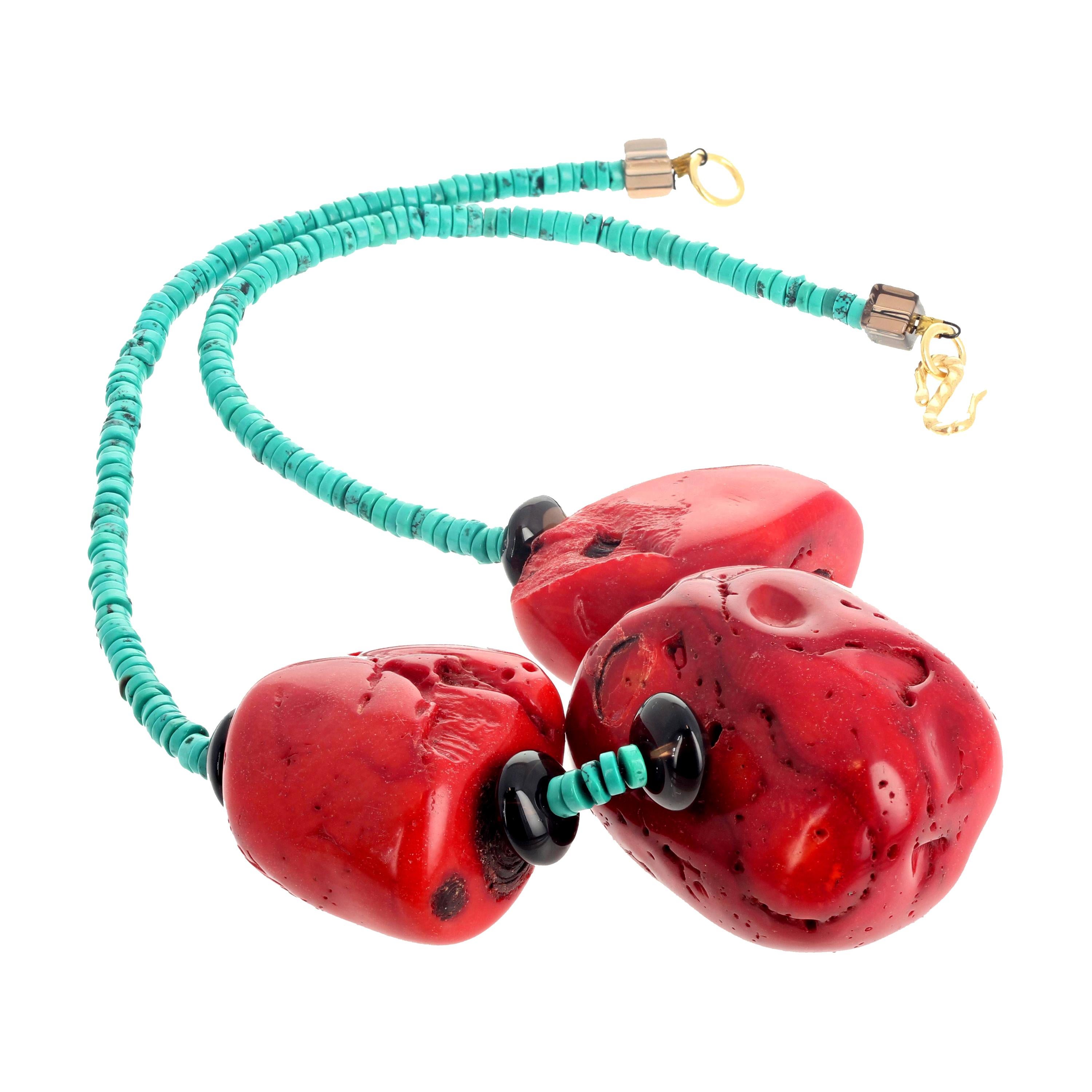 Mixed Cut AJD Dramatic Impressive Coral Chunk and Turquoise Statement Neckace For Sale