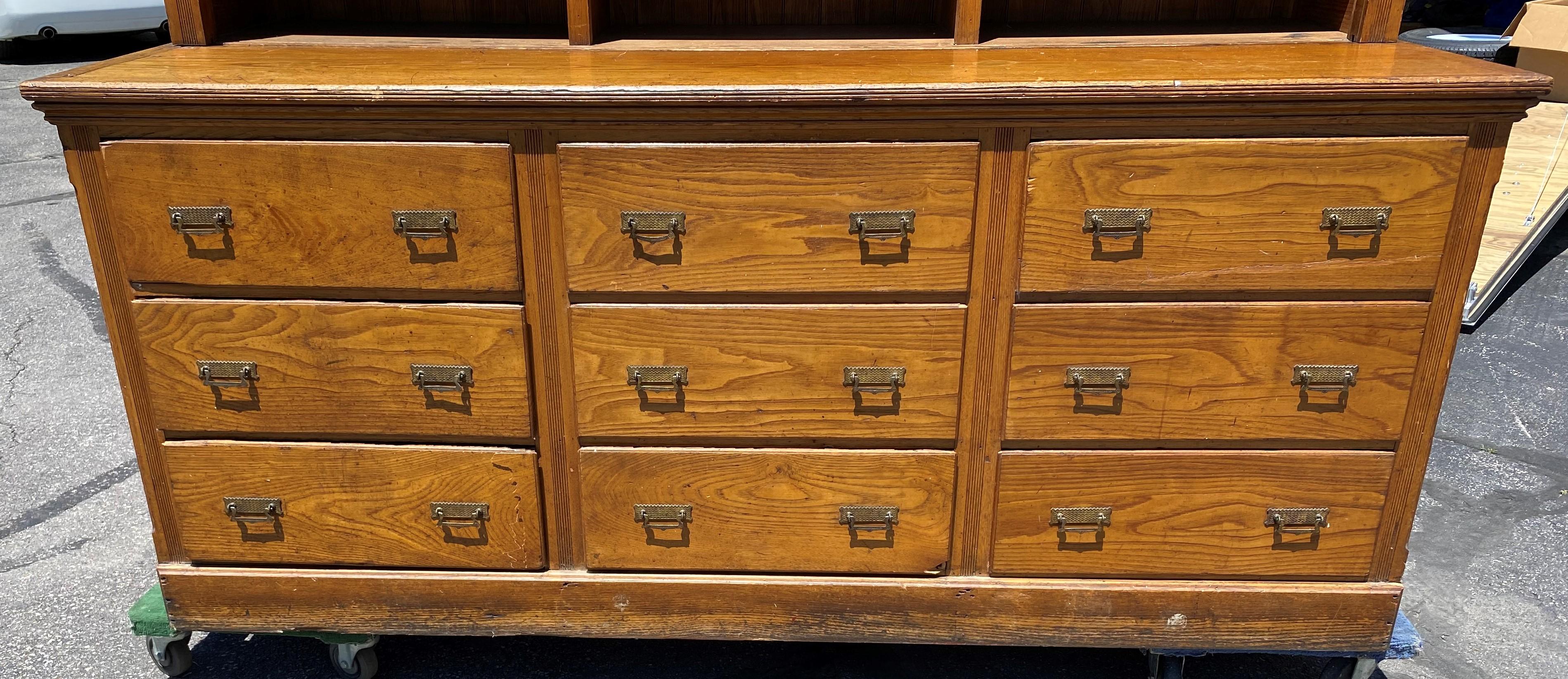 Hand-Carved Huge Country Store Multi-Drawer Cabinet with Bookcase Top