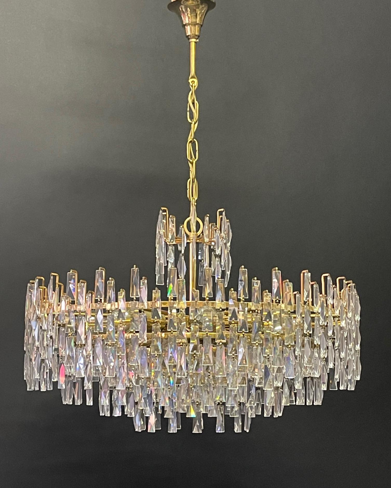 Glass Huge Crystal and Gilt Brass Chandelier by Palwa, circa 1960s For Sale