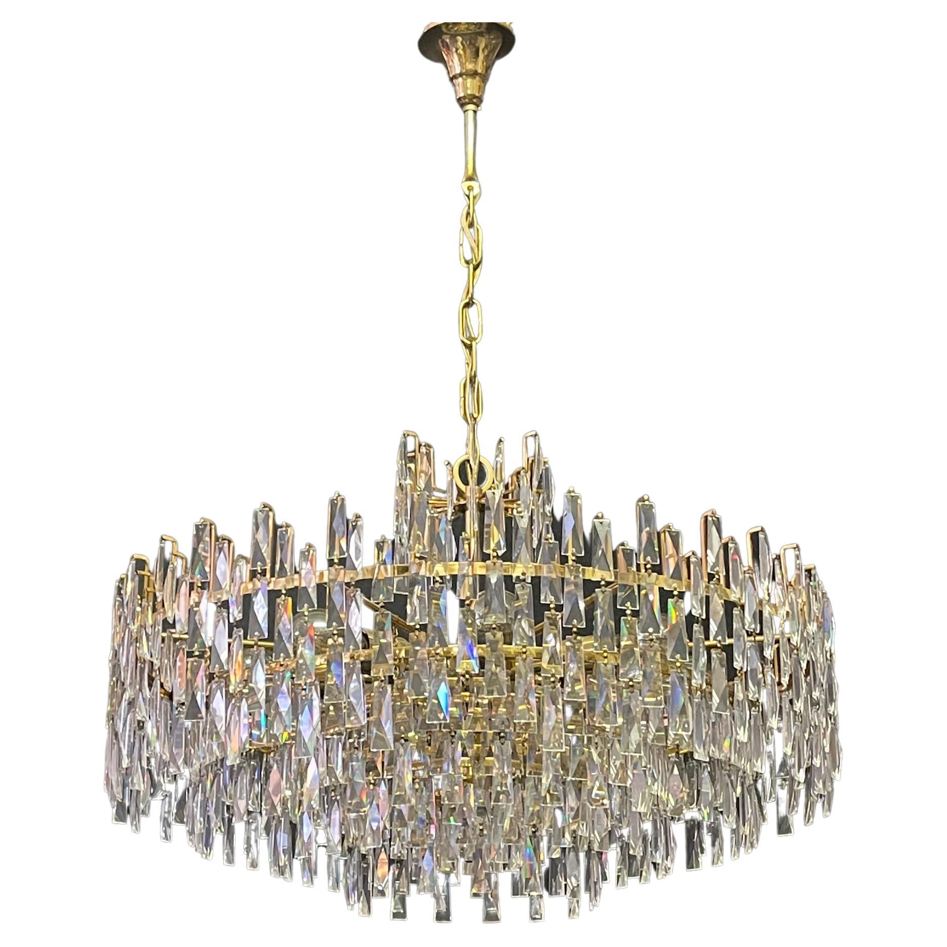 Huge Crystal and Gilt Brass Chandelier by Palwa, circa 1960s
