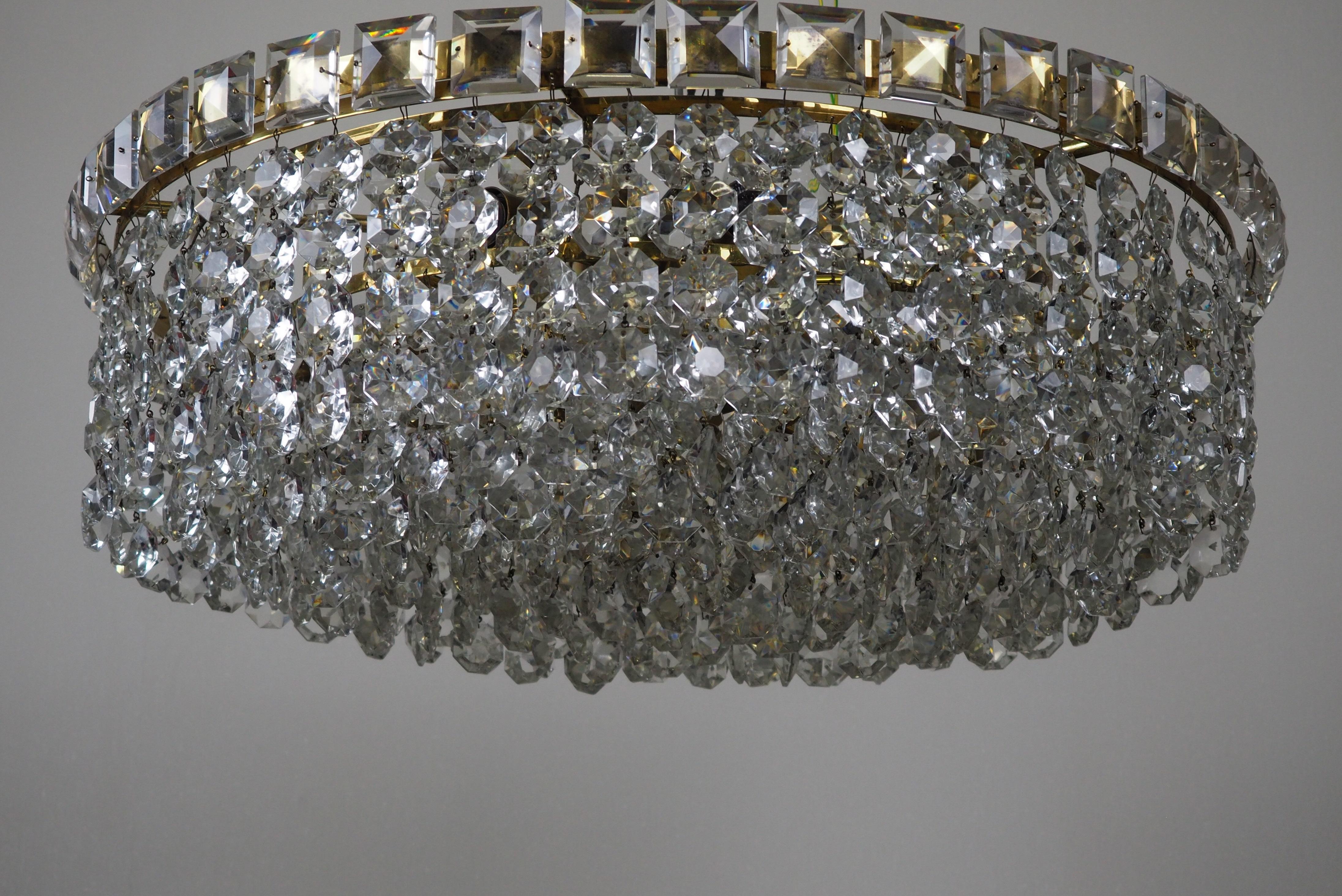 Glass Huge Crystal Art Deco Flushmount Chandelier by Bakalowits, Austria, circa 1940s