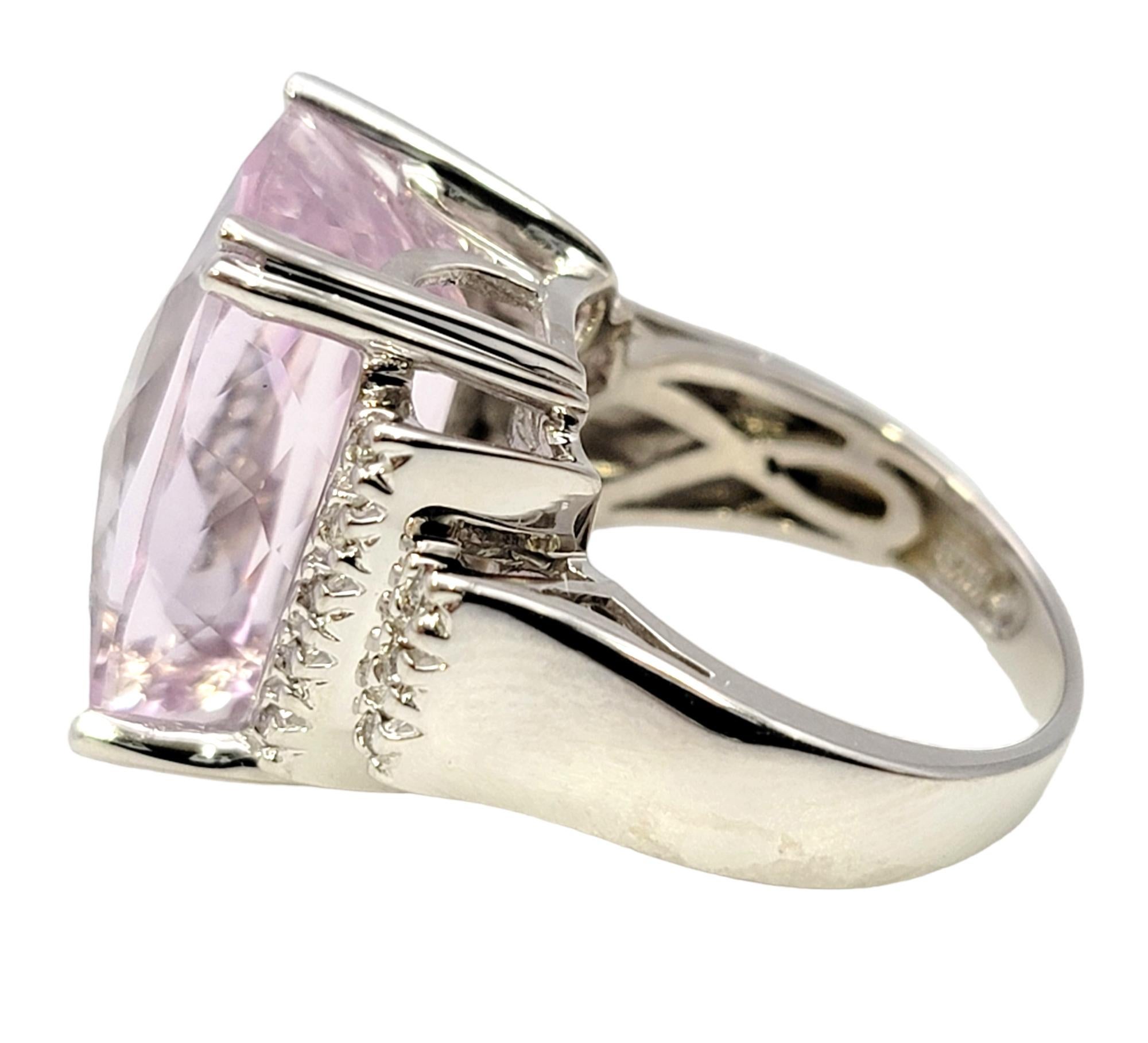 Huge Cushion Checkerboard Cut Kunzite and Diamond Cocktail Ring in 14 Karat Gold For Sale 3