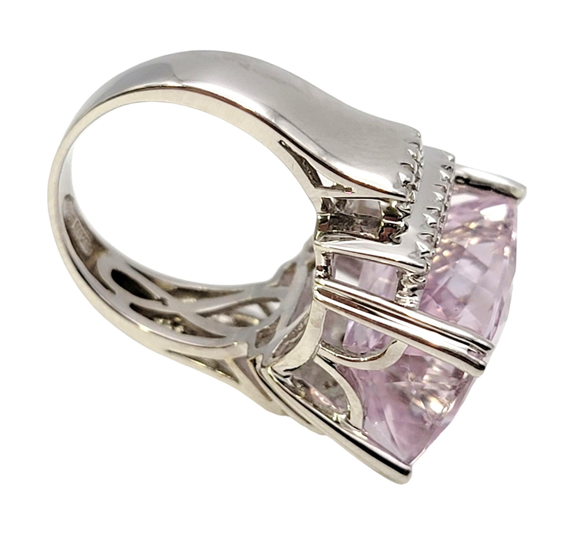 Huge Cushion Checkerboard Cut Kunzite and Diamond Cocktail Ring in 14 Karat Gold For Sale 4