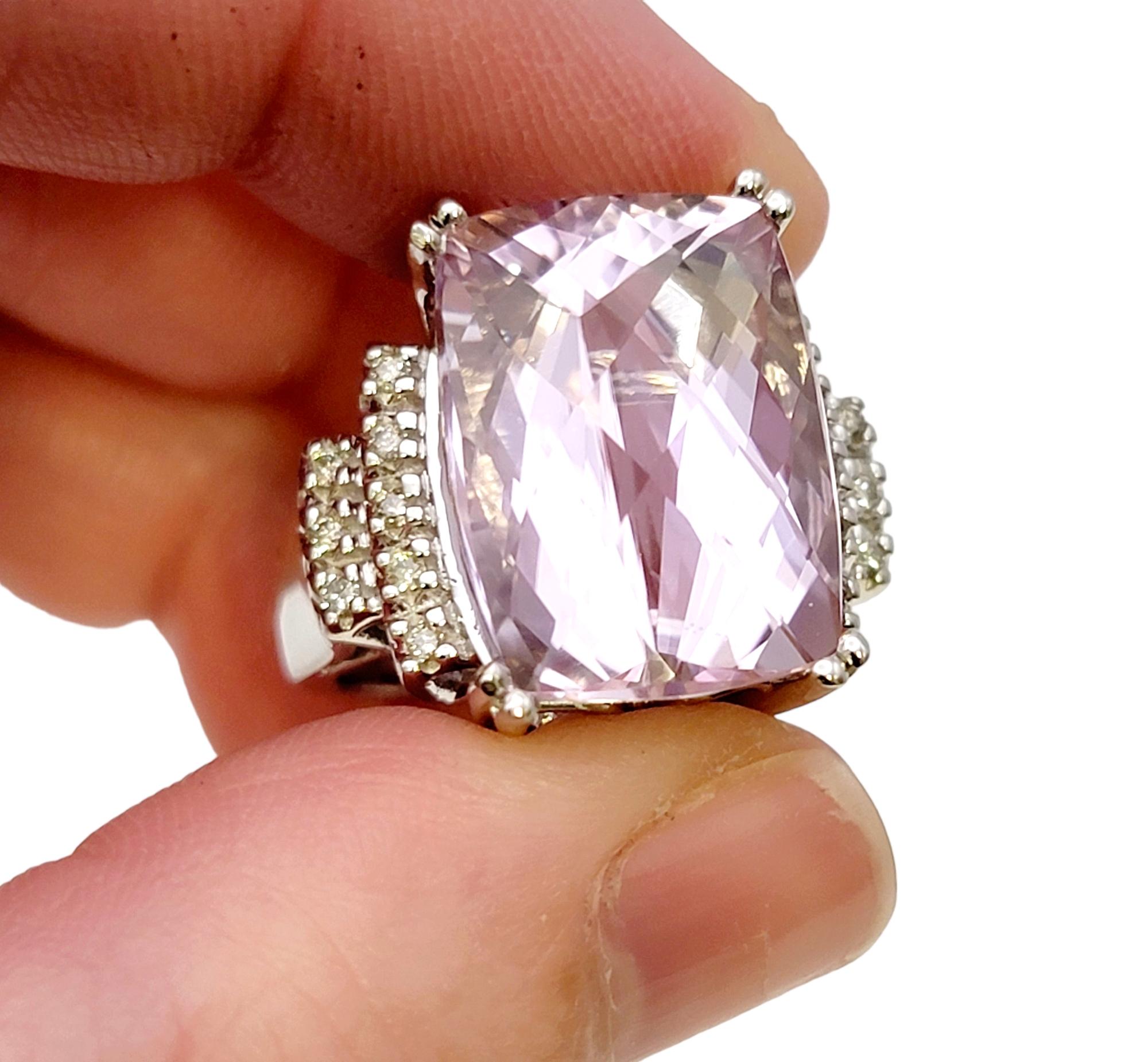 Huge Cushion Checkerboard Cut Kunzite and Diamond Cocktail Ring in 14 Karat Gold For Sale 6