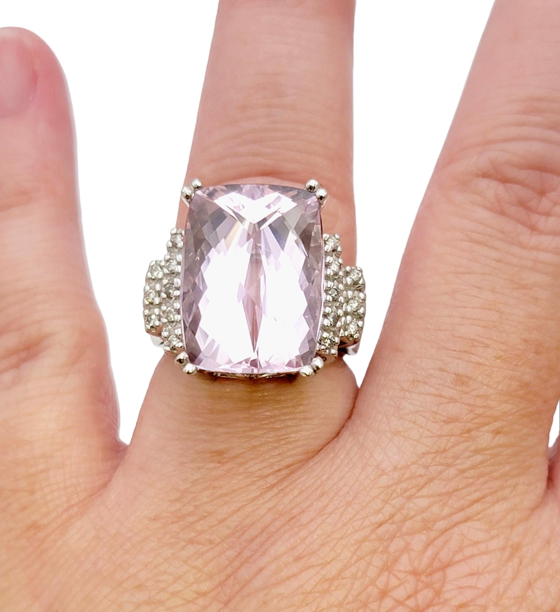 Huge Cushion Checkerboard Cut Kunzite and Diamond Cocktail Ring in 14 Karat Gold For Sale 7