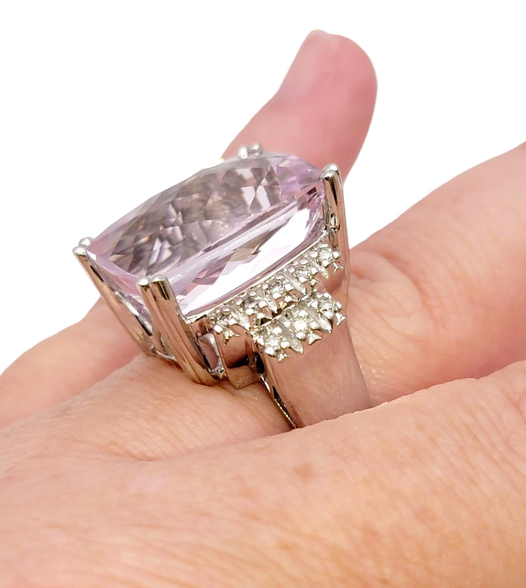 Huge Cushion Checkerboard Cut Kunzite and Diamond Cocktail Ring in 14 Karat Gold For Sale 8