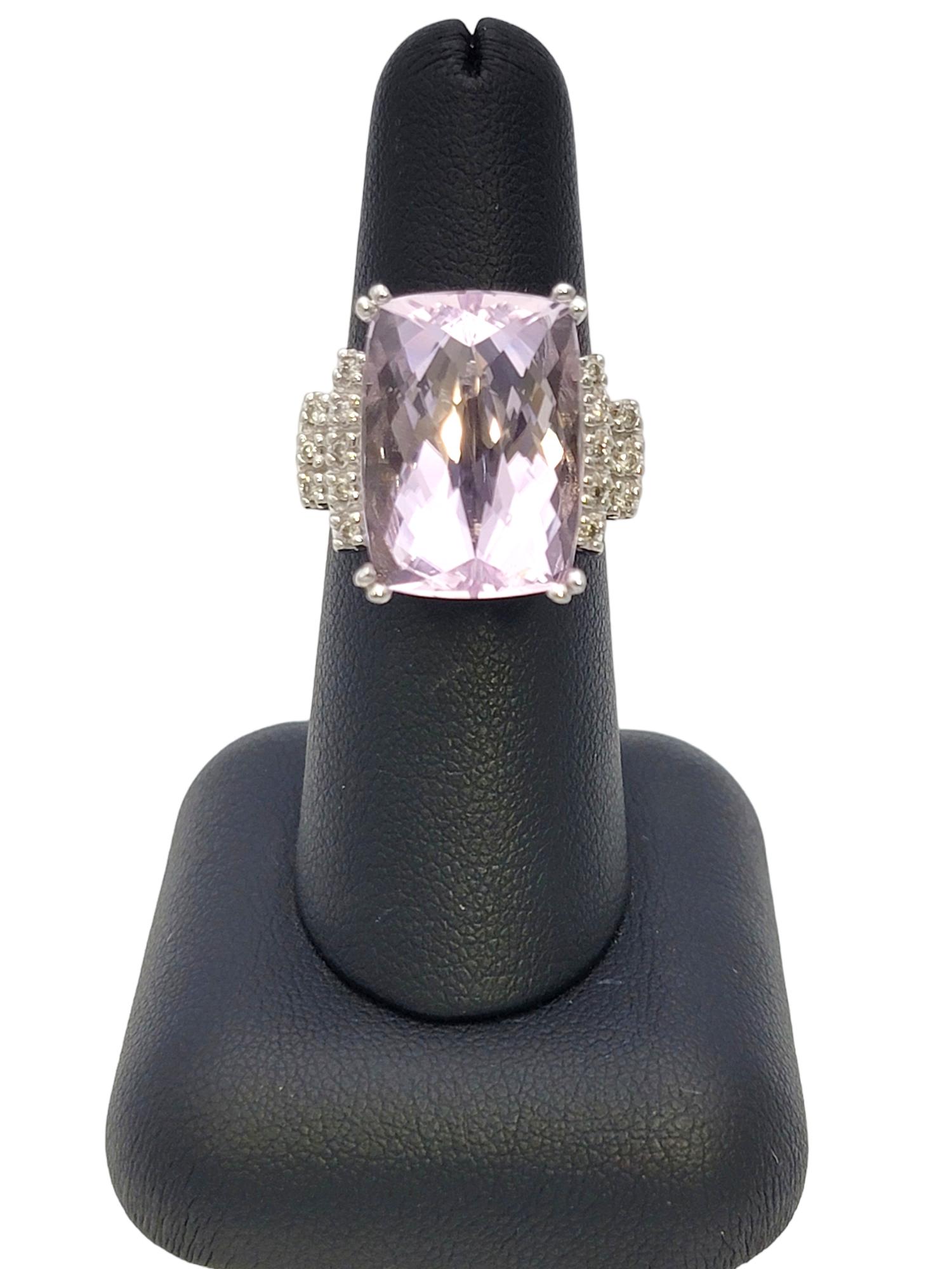 Huge Cushion Checkerboard Cut Kunzite and Diamond Cocktail Ring in 14 Karat Gold For Sale 9