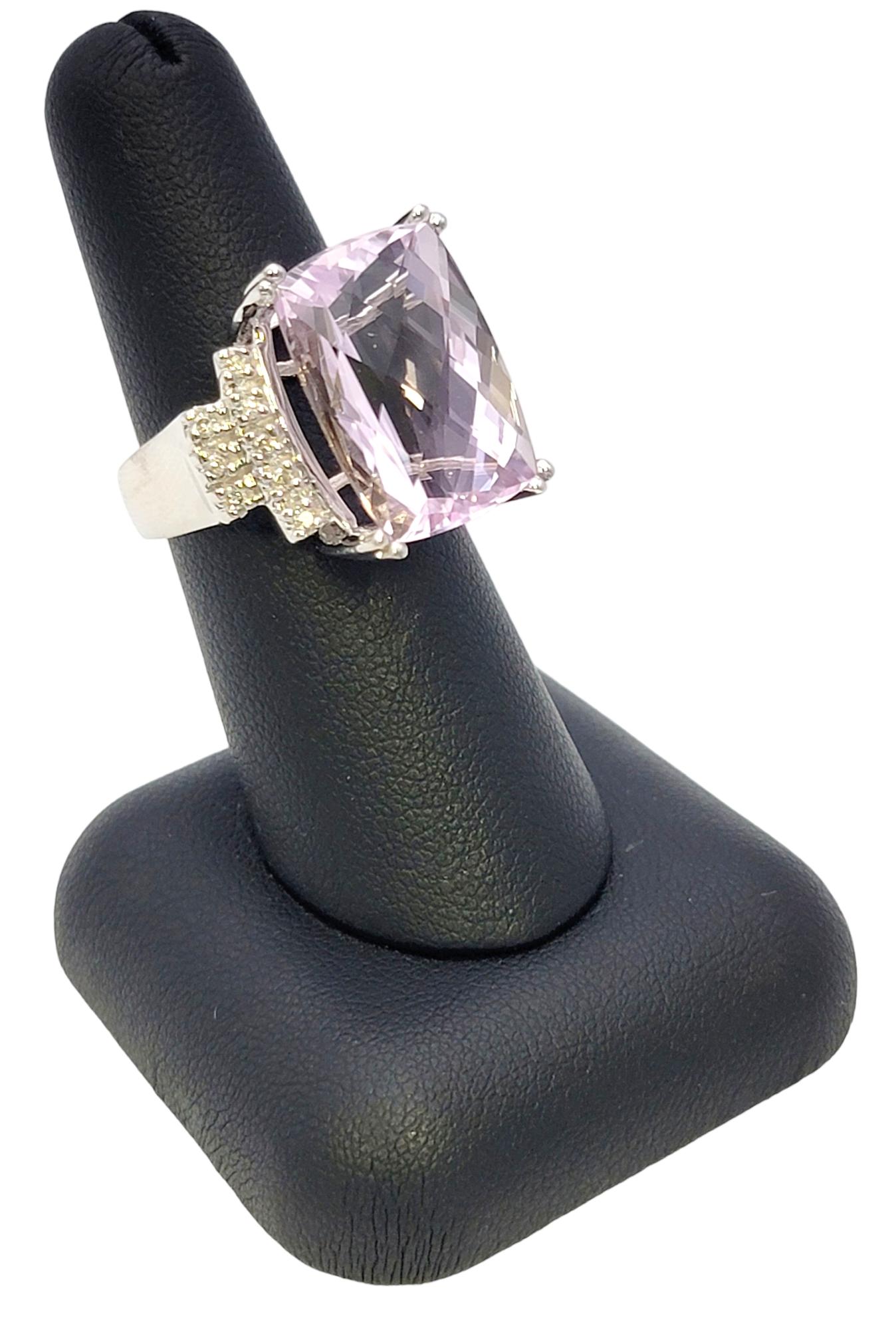 Huge Cushion Checkerboard Cut Kunzite and Diamond Cocktail Ring in 14 Karat Gold For Sale 10