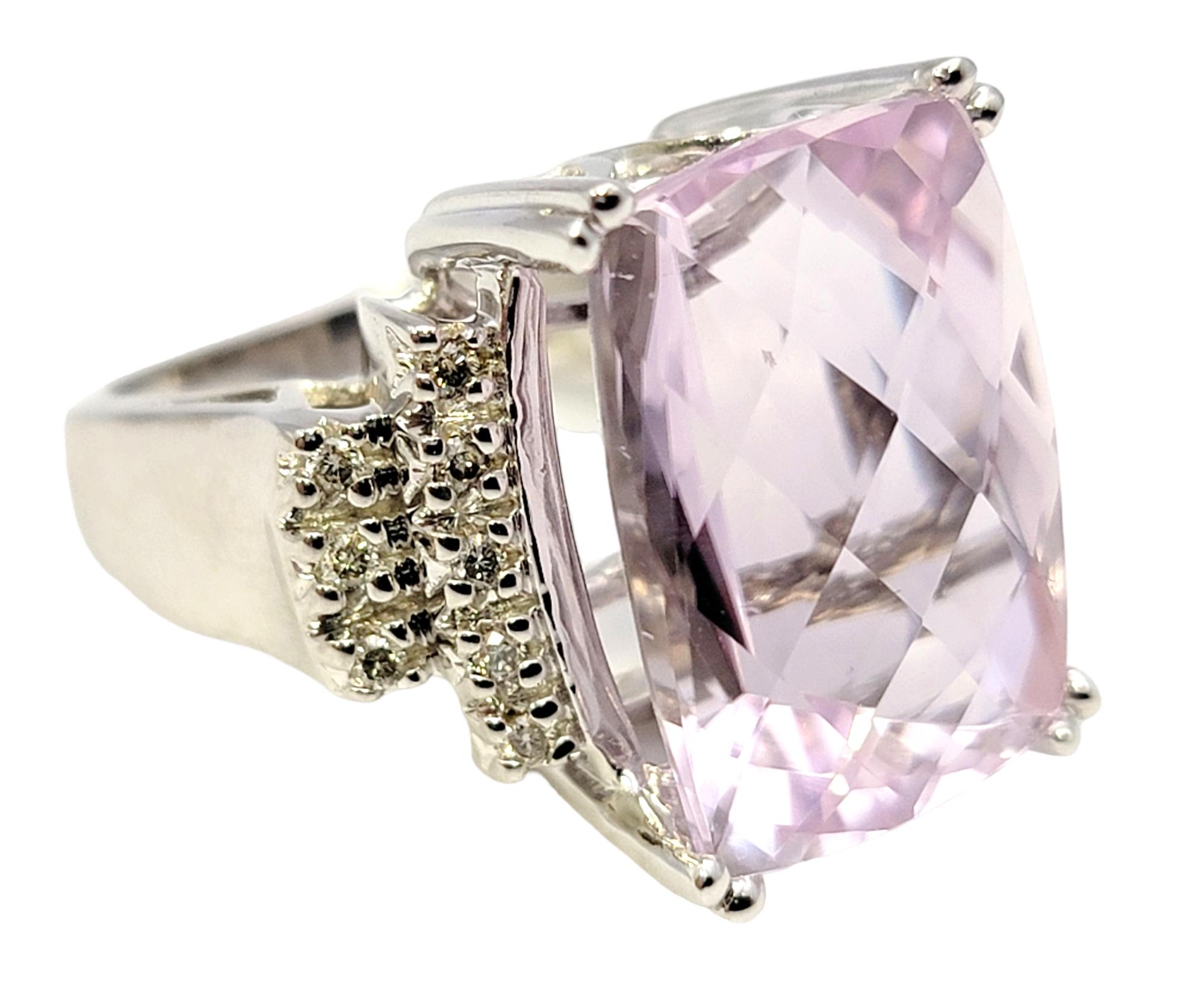 Contemporary Huge Cushion Checkerboard Cut Kunzite and Diamond Cocktail Ring in 14 Karat Gold For Sale