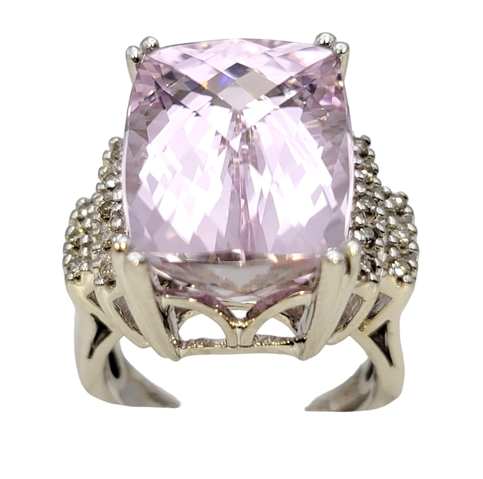 Women's Huge Cushion Checkerboard Cut Kunzite and Diamond Cocktail Ring in 14 Karat Gold For Sale