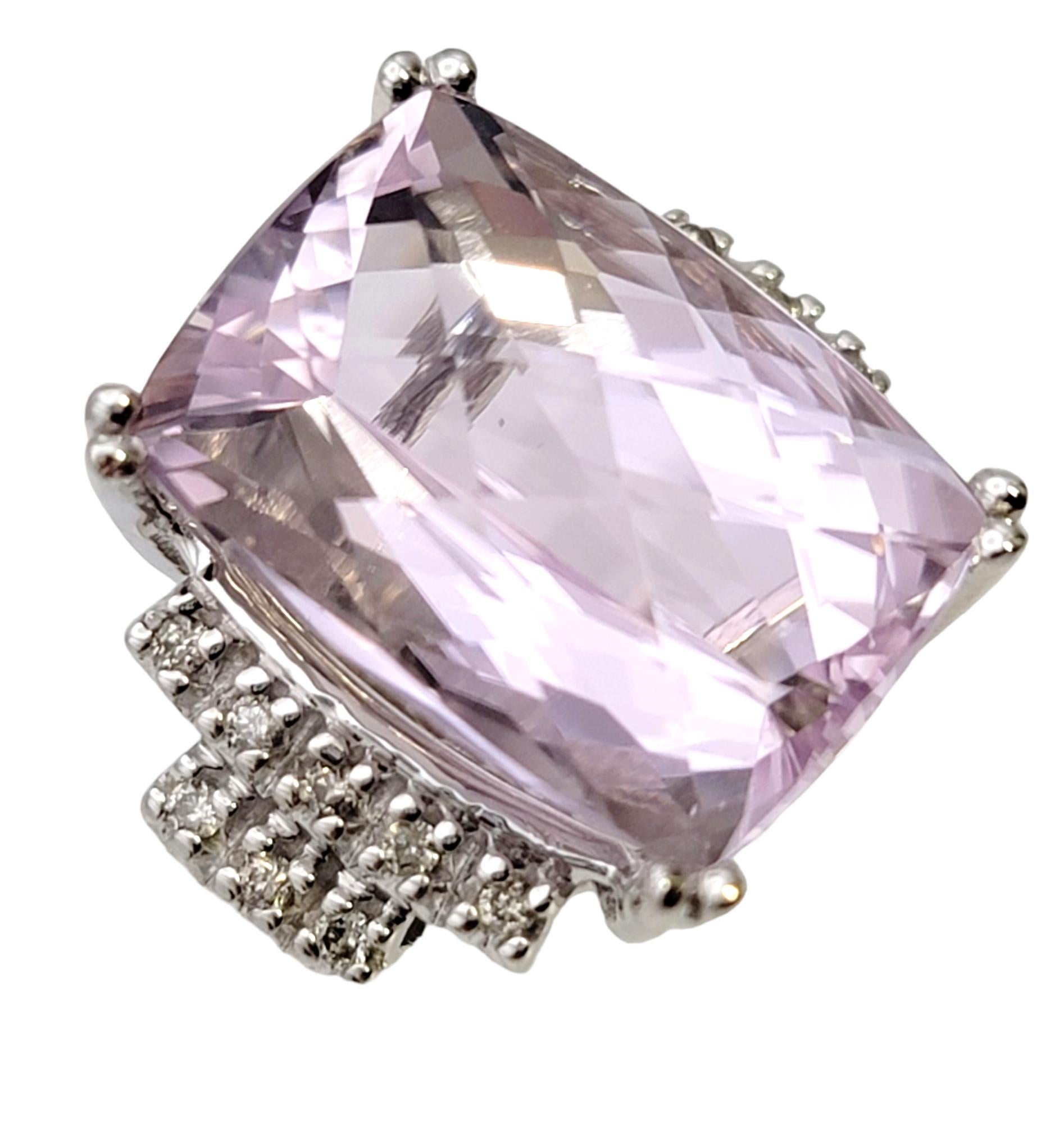 Huge Cushion Checkerboard Cut Kunzite and Diamond Cocktail Ring in 14 Karat Gold For Sale 1