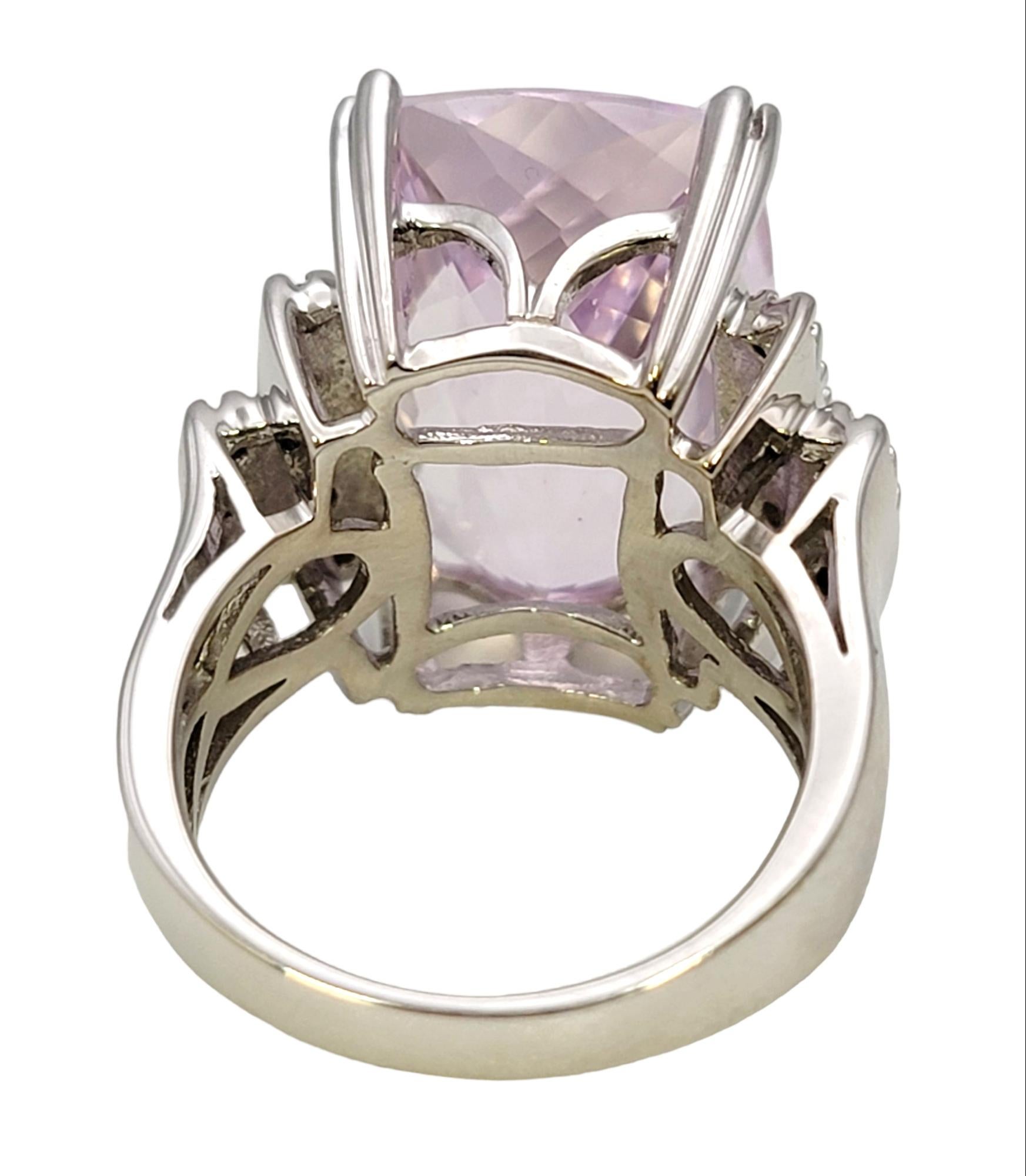Huge Cushion Checkerboard Cut Kunzite and Diamond Cocktail Ring in 14 Karat Gold For Sale 2