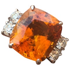 Huge Cushion Natural Vivid Orange Sapphire and Diamond Ring, 23 Carat 
