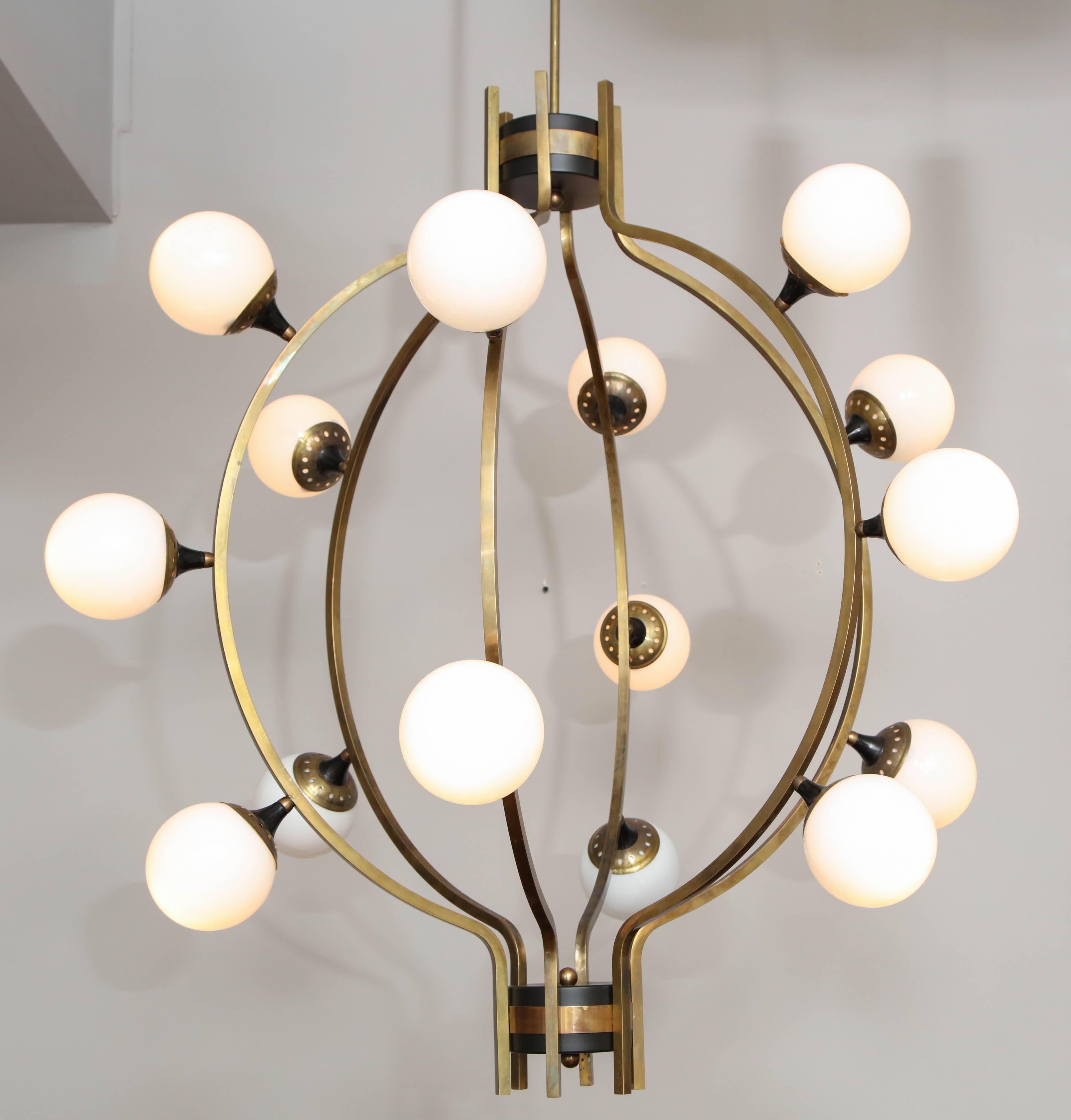 Huge custom circular chandelier in the manner of Stilnovo. Custom orders are available in different sizes and finishes.